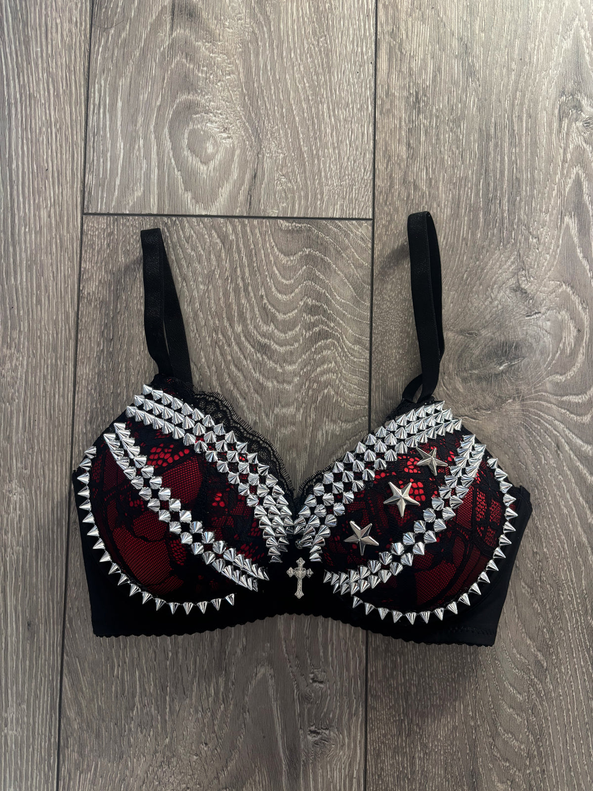 The Red Crossover (with stars) (with cross) Spiked Push Up Bra