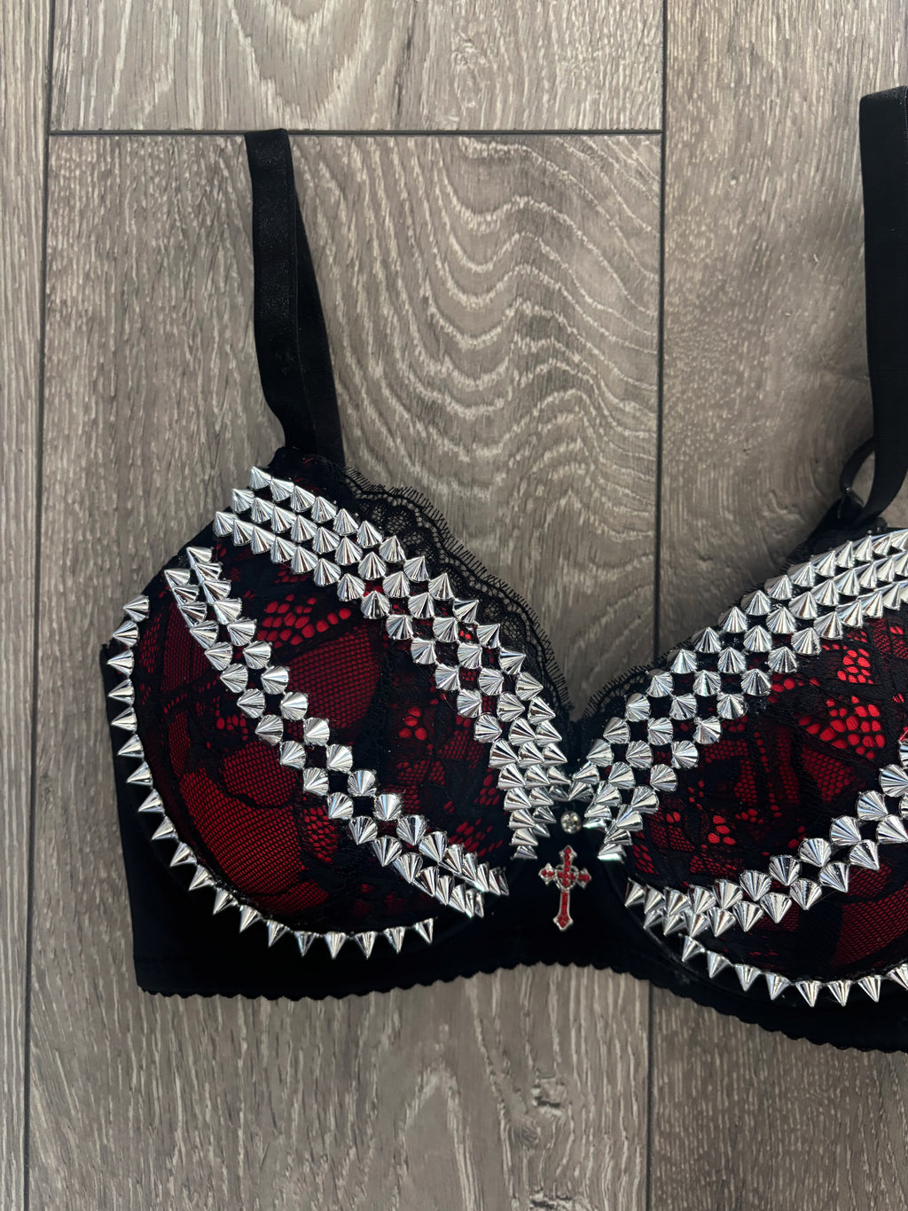 The Red Crossover (with cross) (no stars) Spiked Push Up Bra