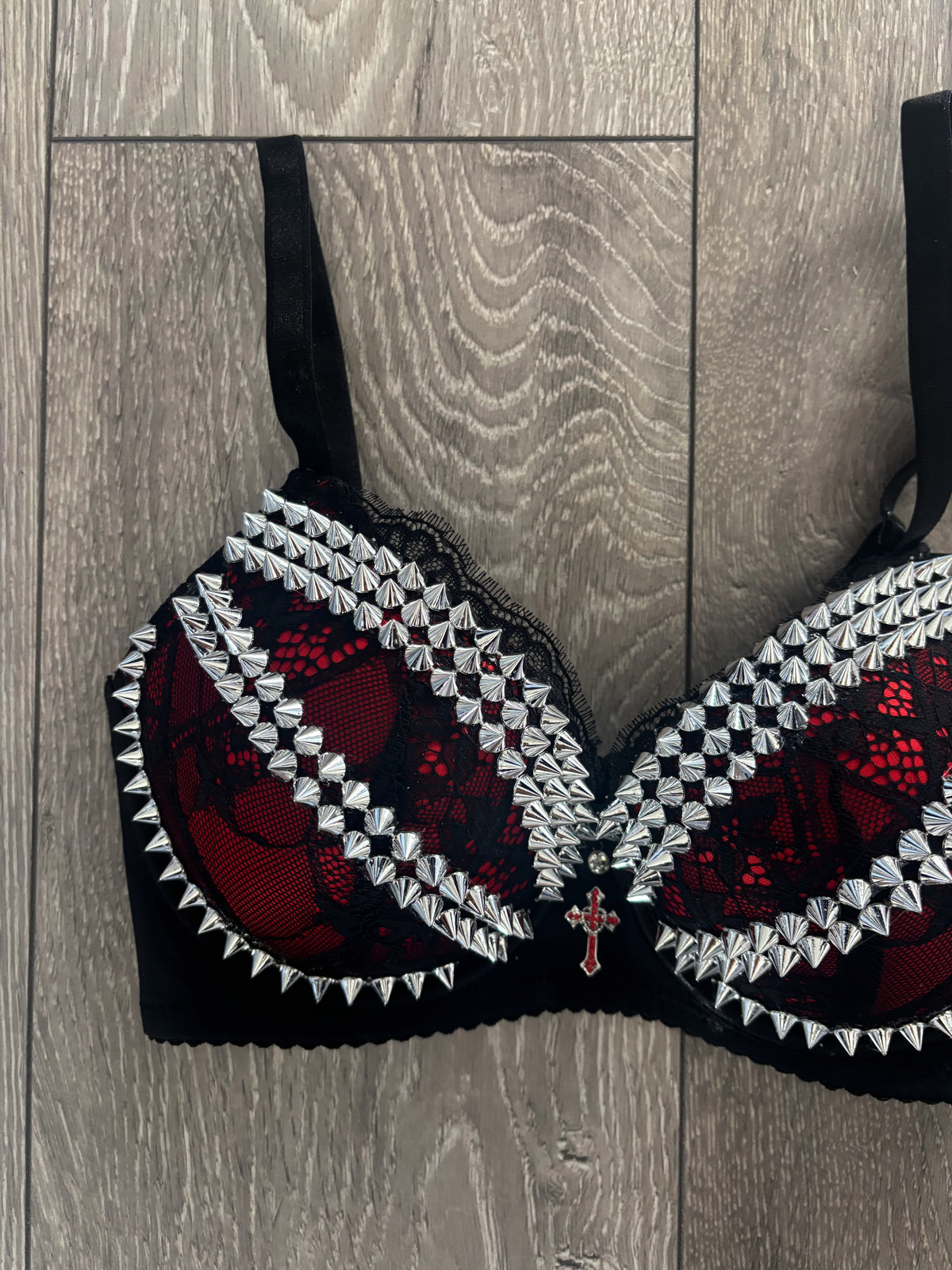 The Red Crossover (with cross) (no stars) Spiked Push Up Bra