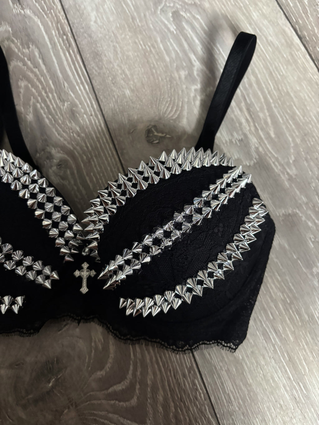 Triple Spiked black Y2K (with cross) push up bra