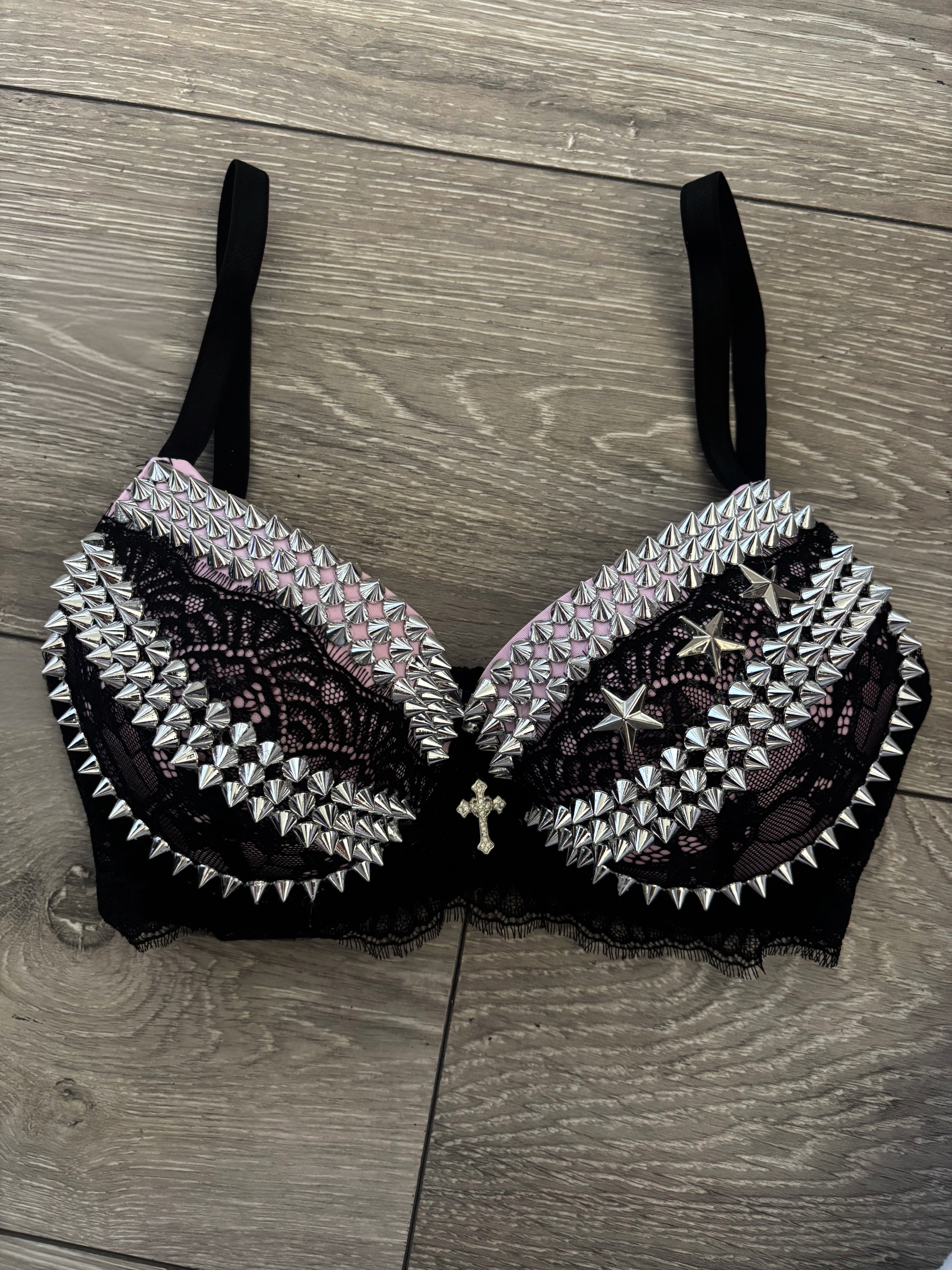 Pink Y2K Crossover (with cross) Spiked push up bra