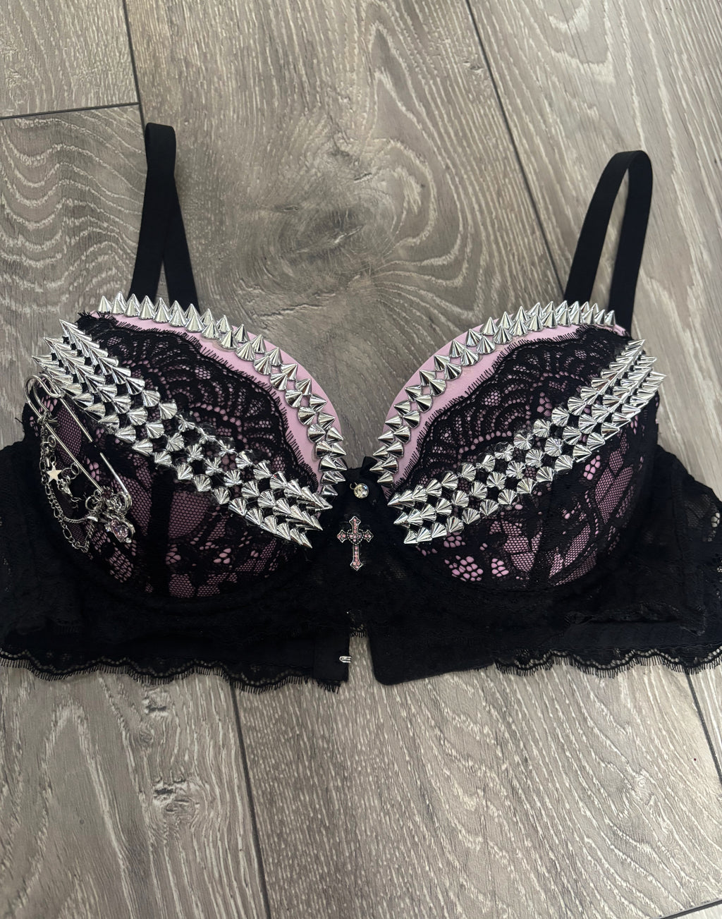 Pink Sacred Heart Spiked Y2K adjustable pin (with cross) push up bra