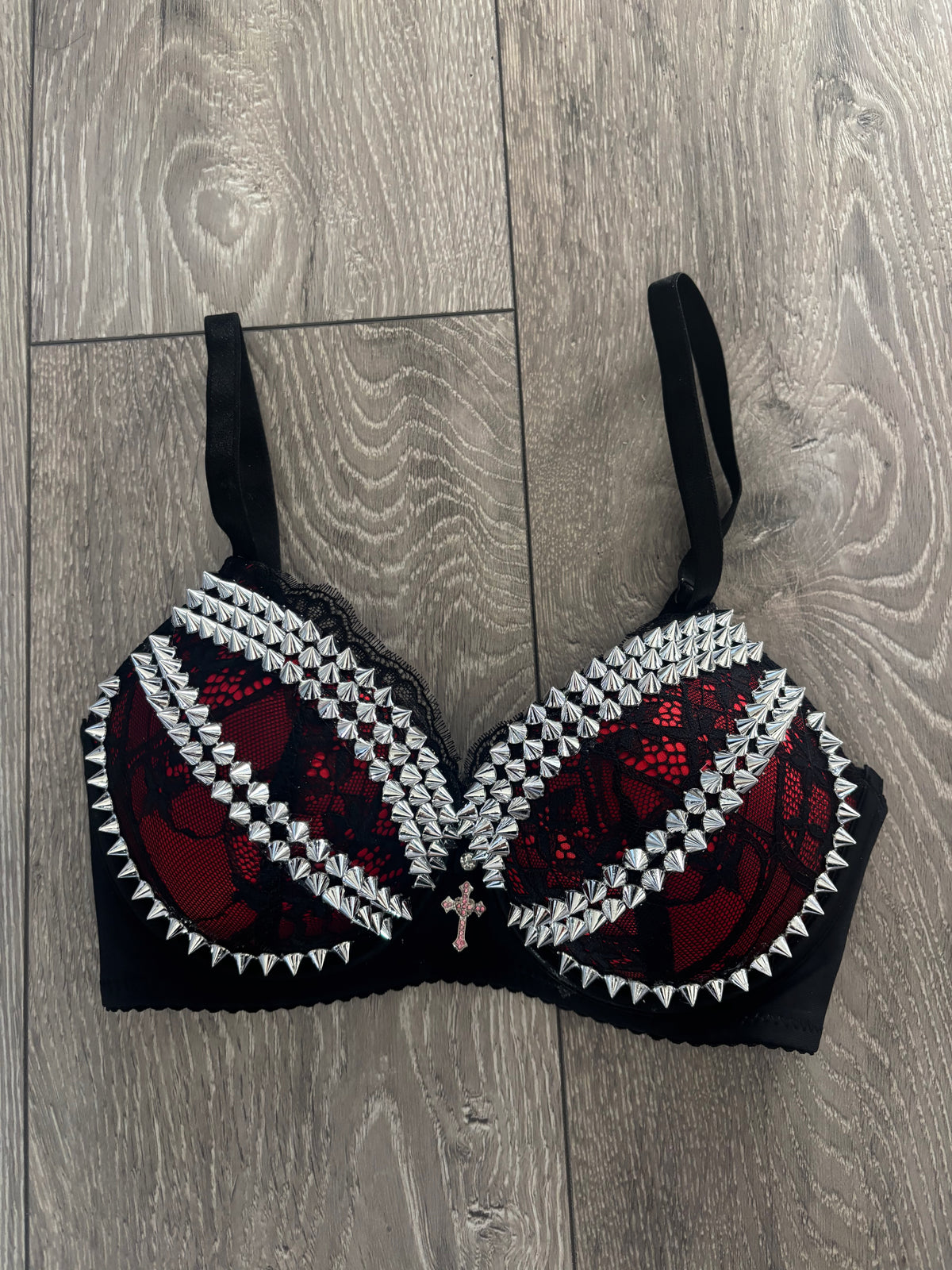 The Red Crossover (with cross) (no stars) Spiked Push Up Bra