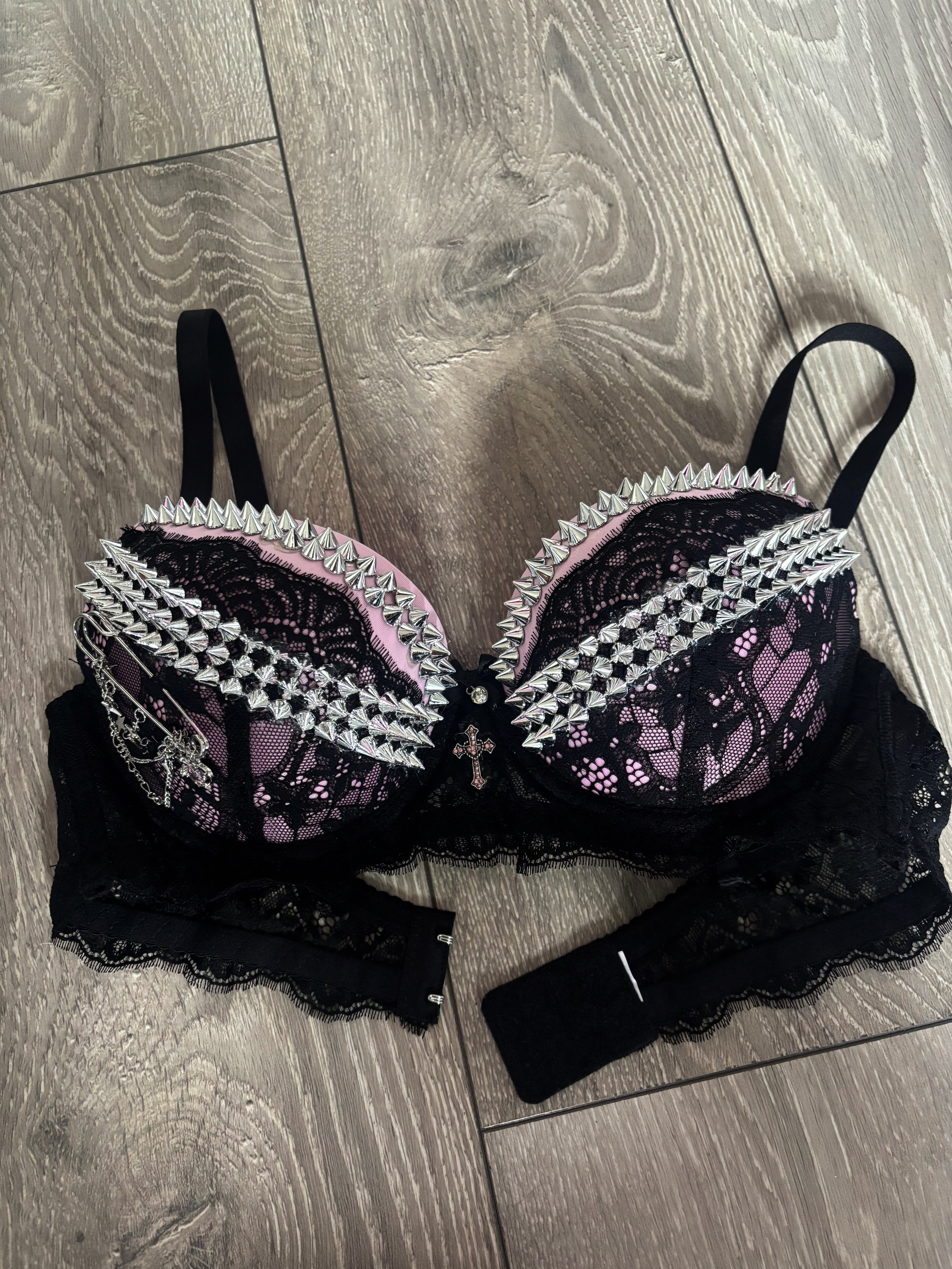 Pink Sacred Heart Spiked Y2K adjustable pin (with cross) push up bra