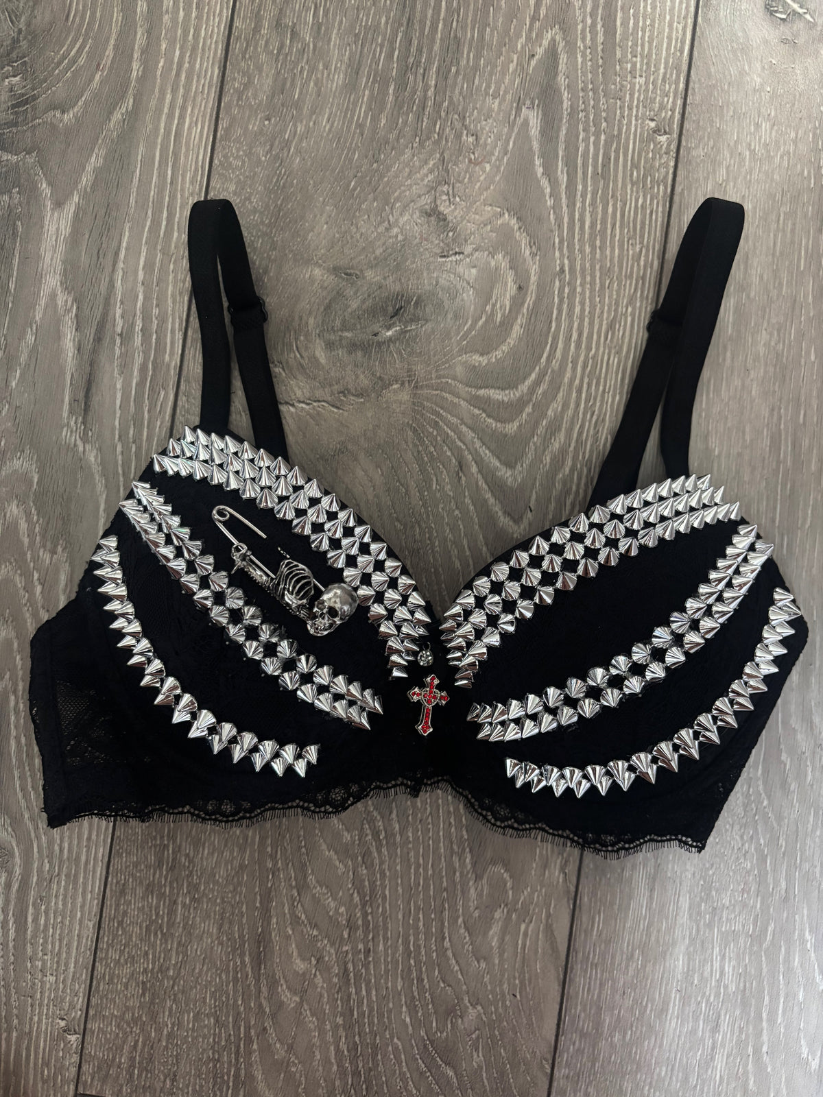 Black Skull Adjustable Pin Spiked push up bra (with cross)