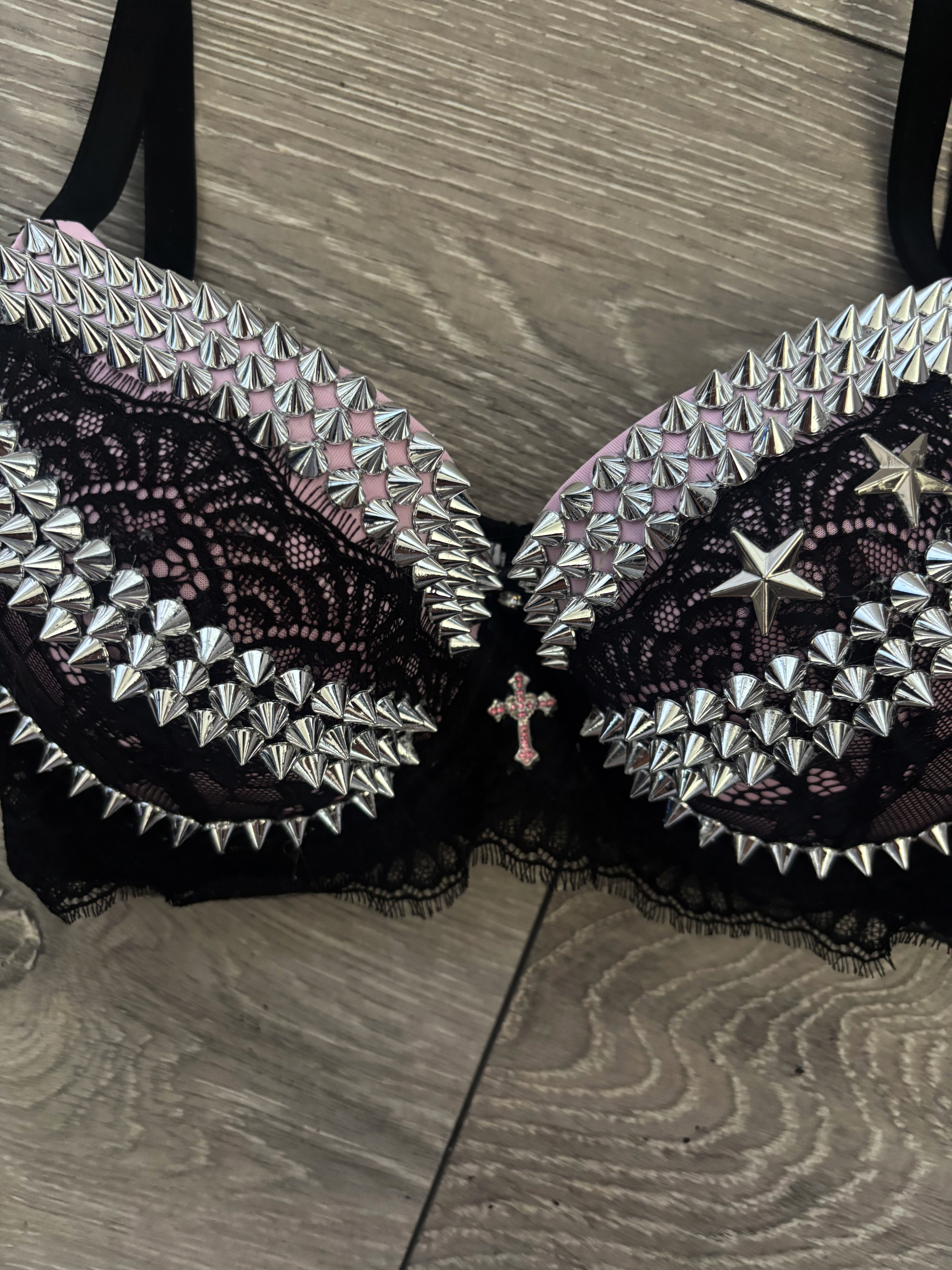 Pink Y2K Crossover (with cross) Spiked push up bra