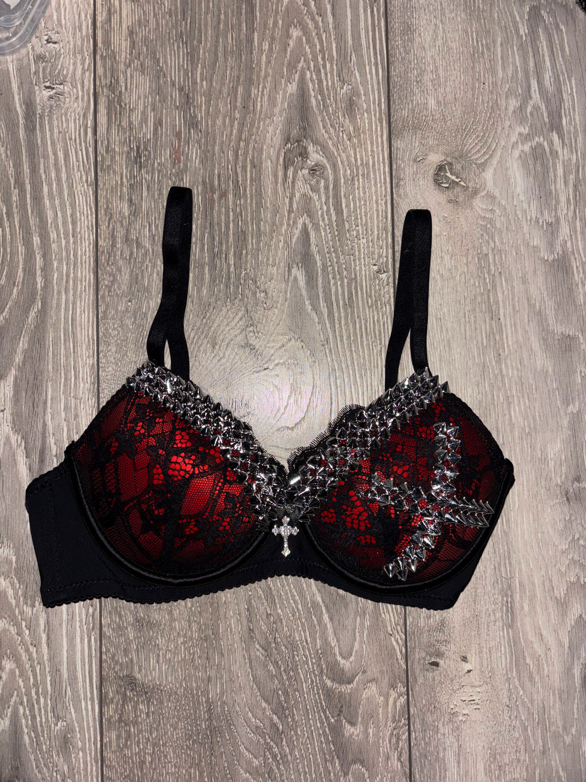 Red Single X Spiked (with cross) push up bra