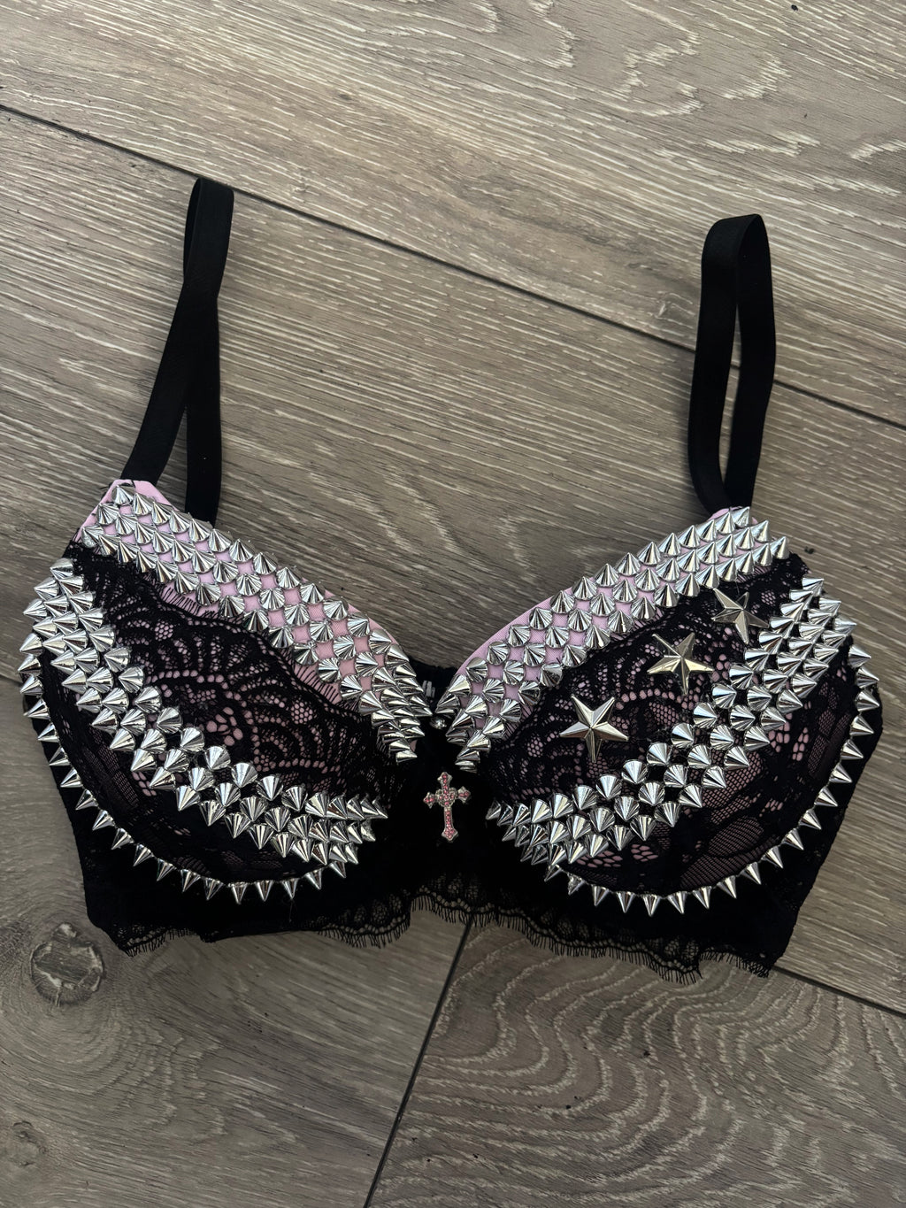 Pink Y2K Crossover (with cross) Spiked push up bra