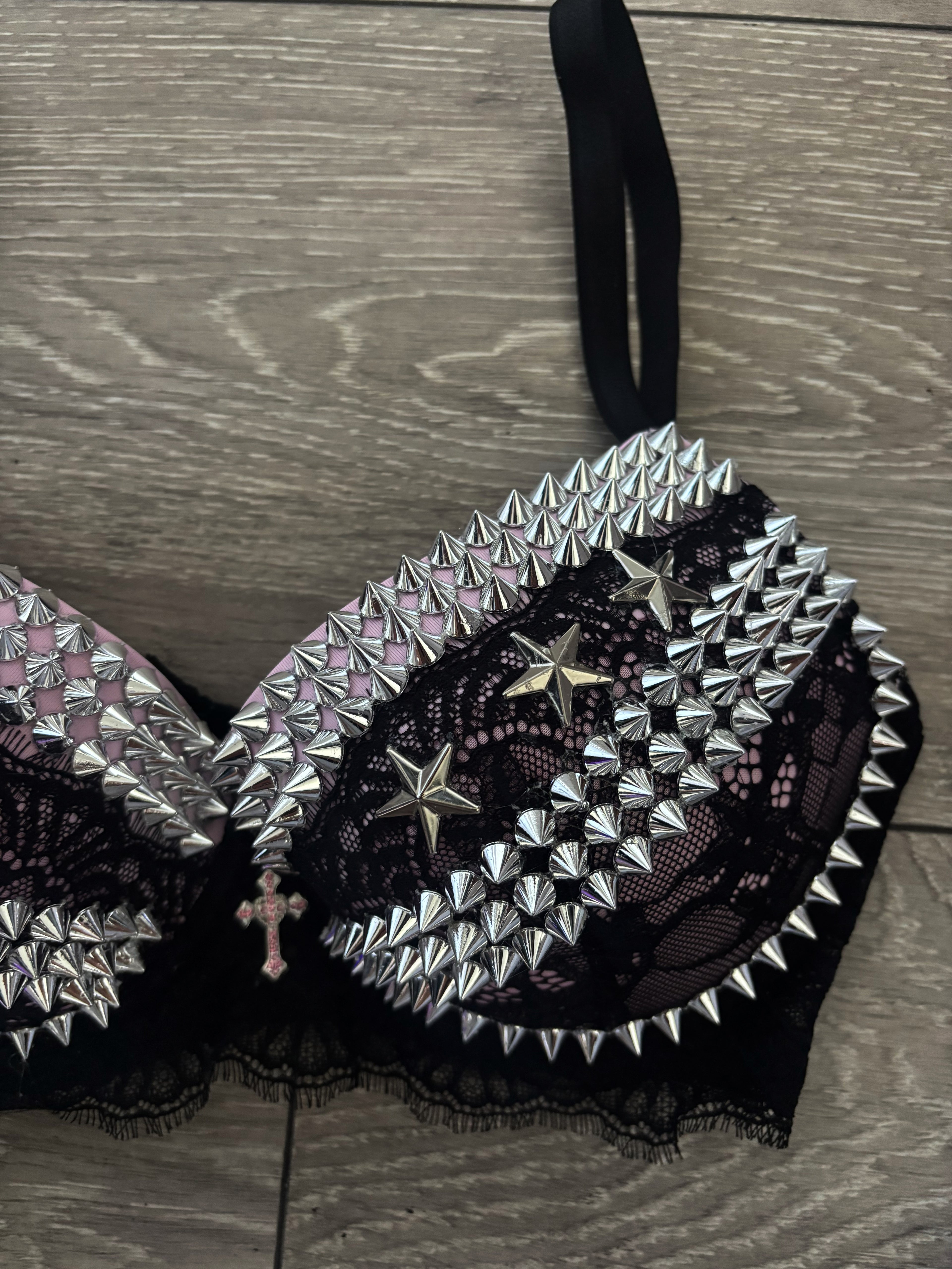 Pink Y2K Crossover (with cross) Spiked push up bra