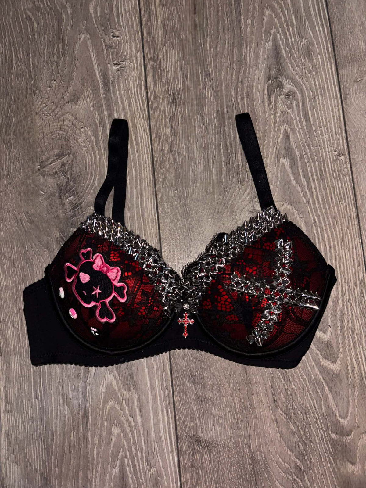 Red Skull Crush Spiked (with cross) push up bra