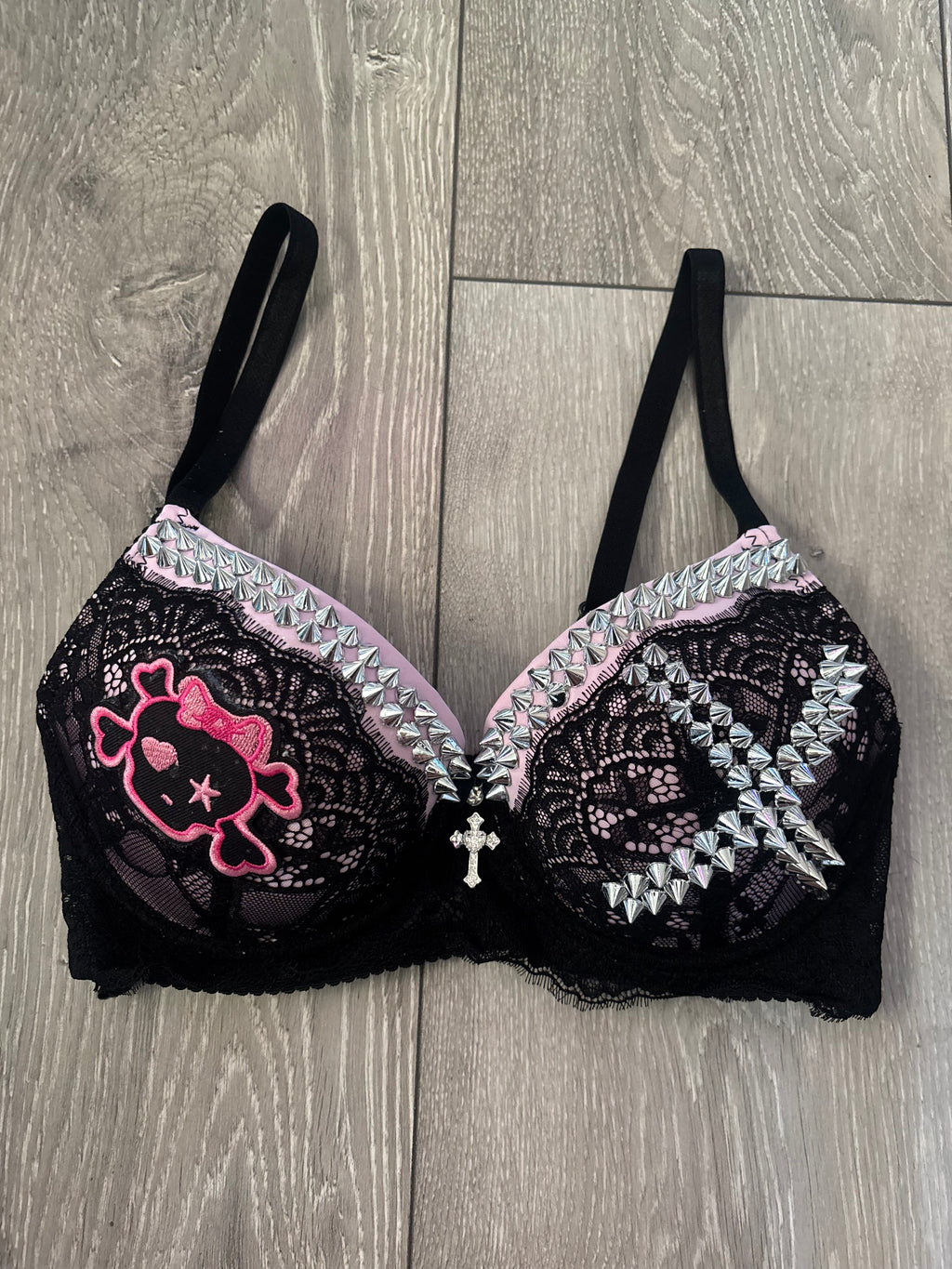 Pink Skull Crush Spiked (no mini skulls) (with cross) push up bra