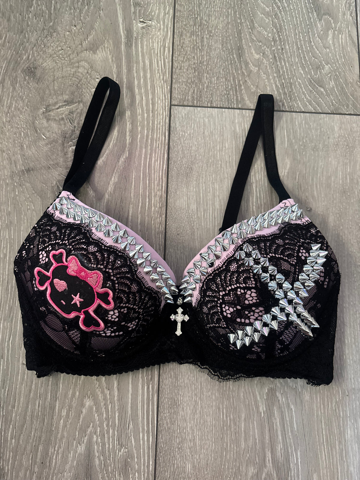 Pink Skull Crush Spiked (no mini skulls) (with cross) push up bra