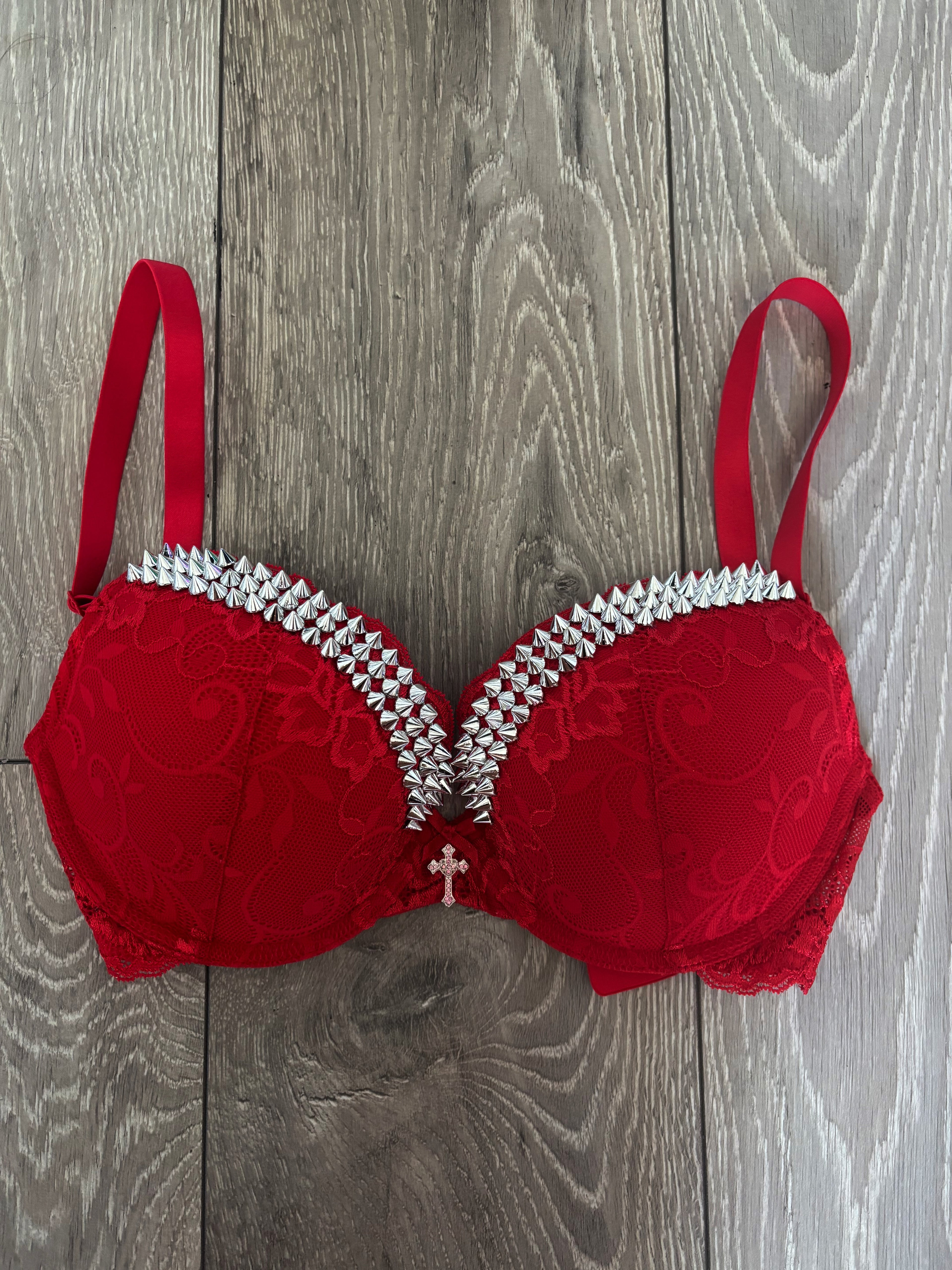 (More Sizes) Red Y2K single strip (with cross) spiked push up bra