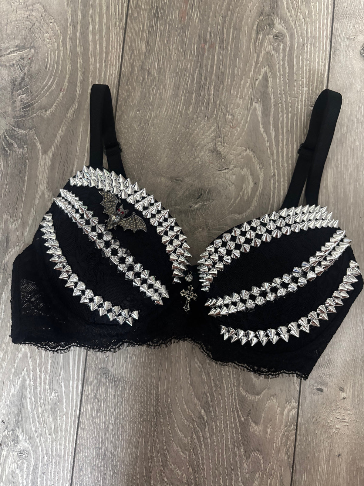 Black Bat Adjustable Pin Spiked (with cross) Push up Bra