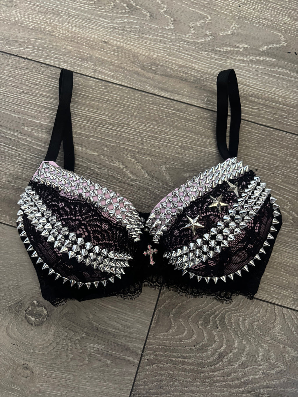 Pink Y2K Crossover (with cross) Spiked push up bra