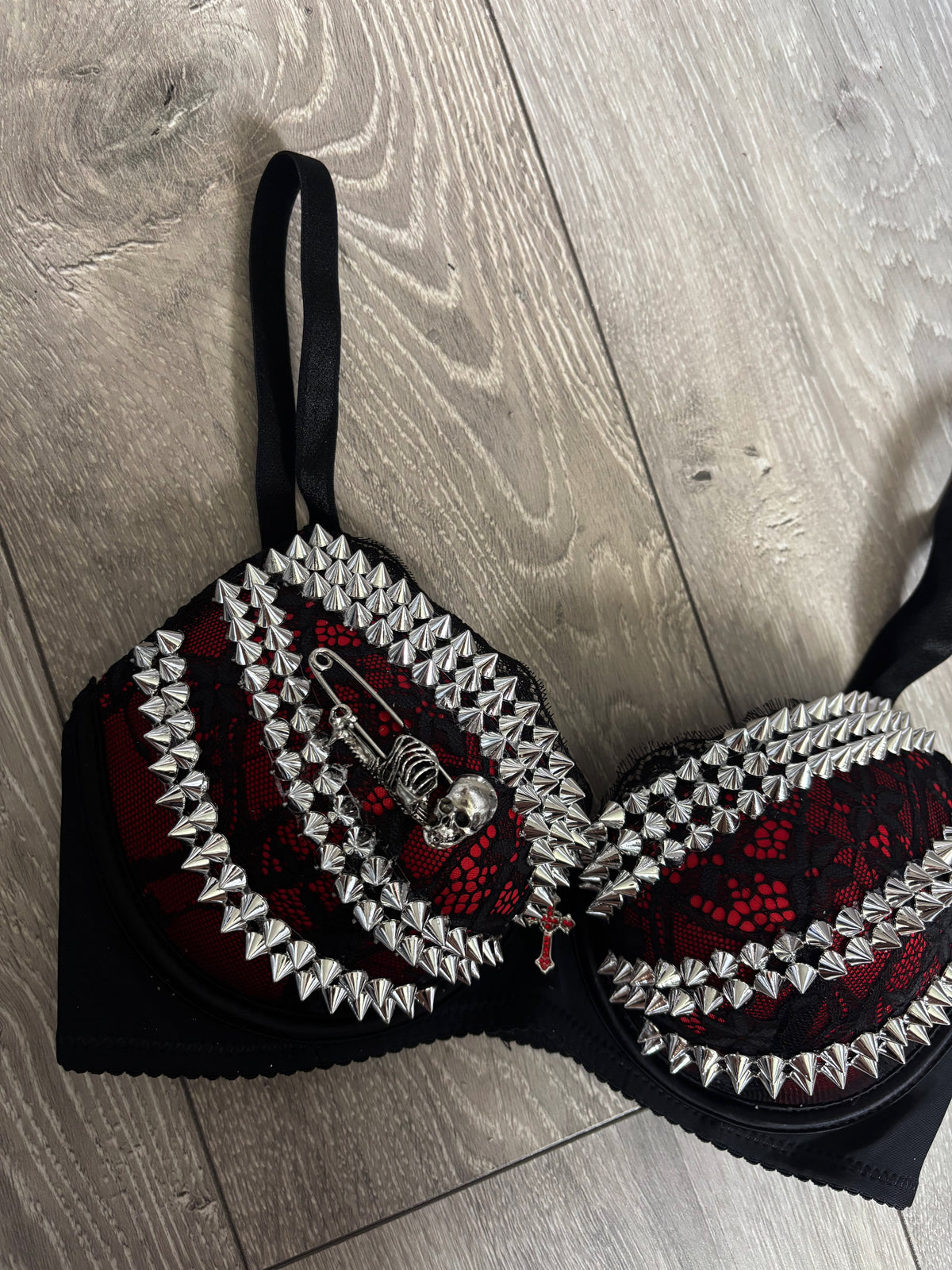 Red Skull Adjustable Pin Spiked push up bra (with cross)
