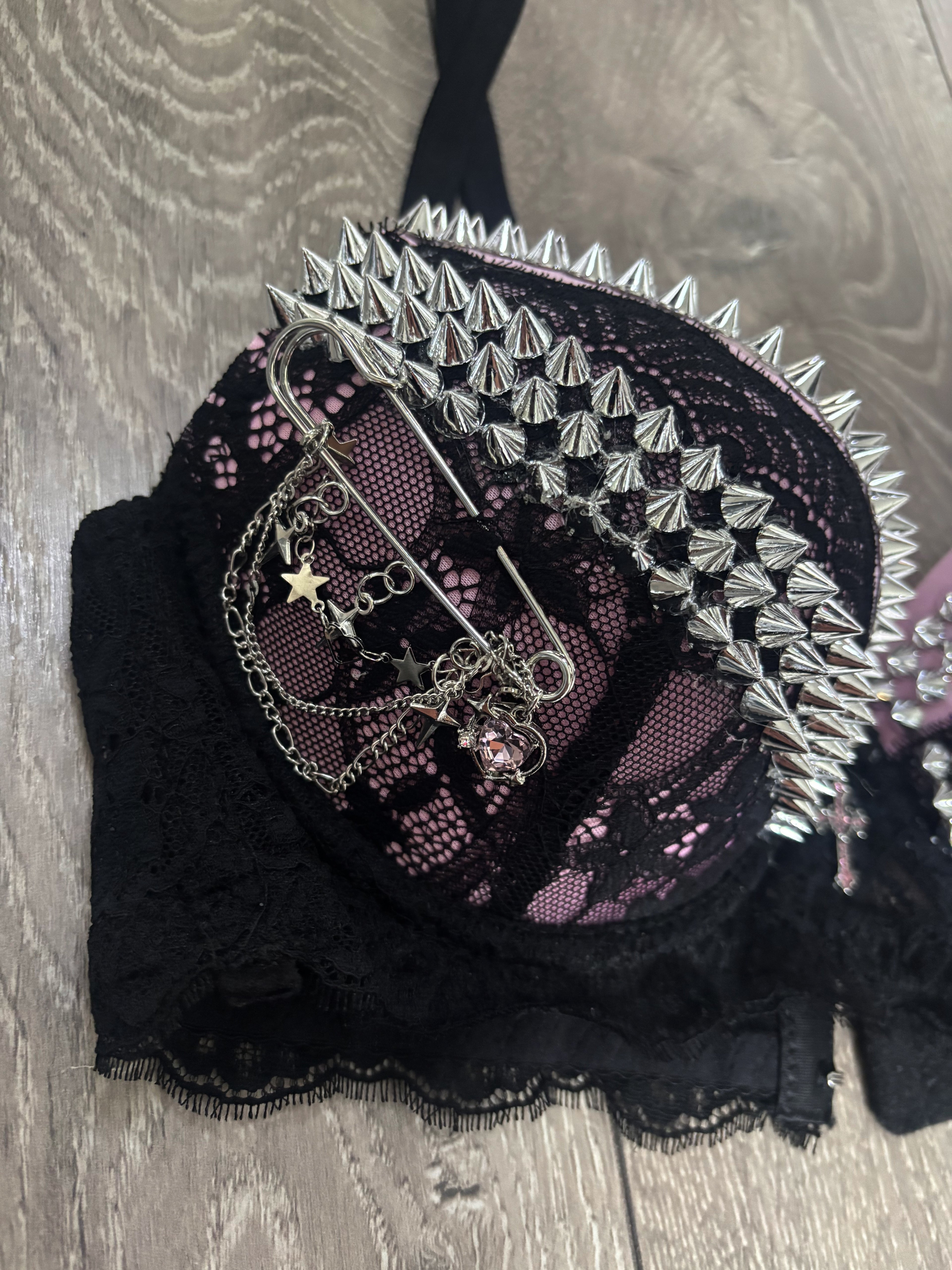 Pink Sacred Heart Spiked Y2K adjustable pin (with cross) push up bra