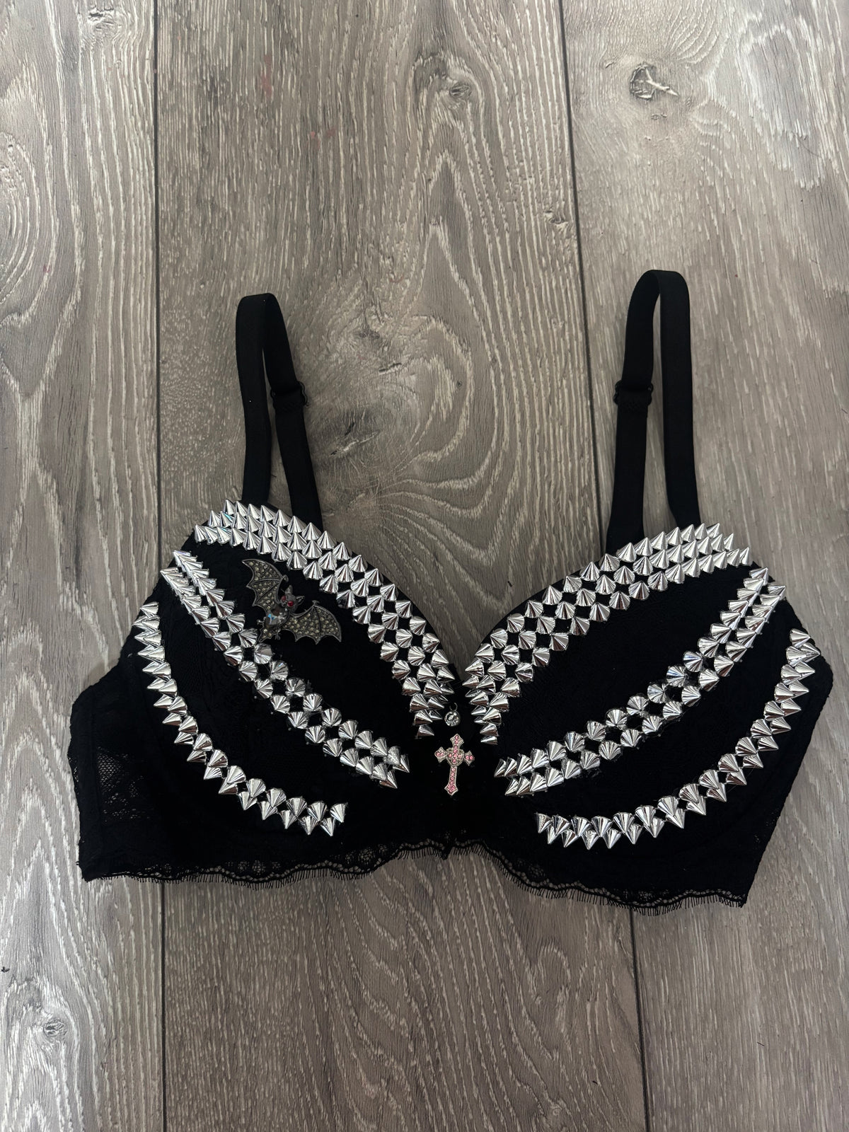 Black Bat Adjustable Pin Spiked (with cross) Push up Bra