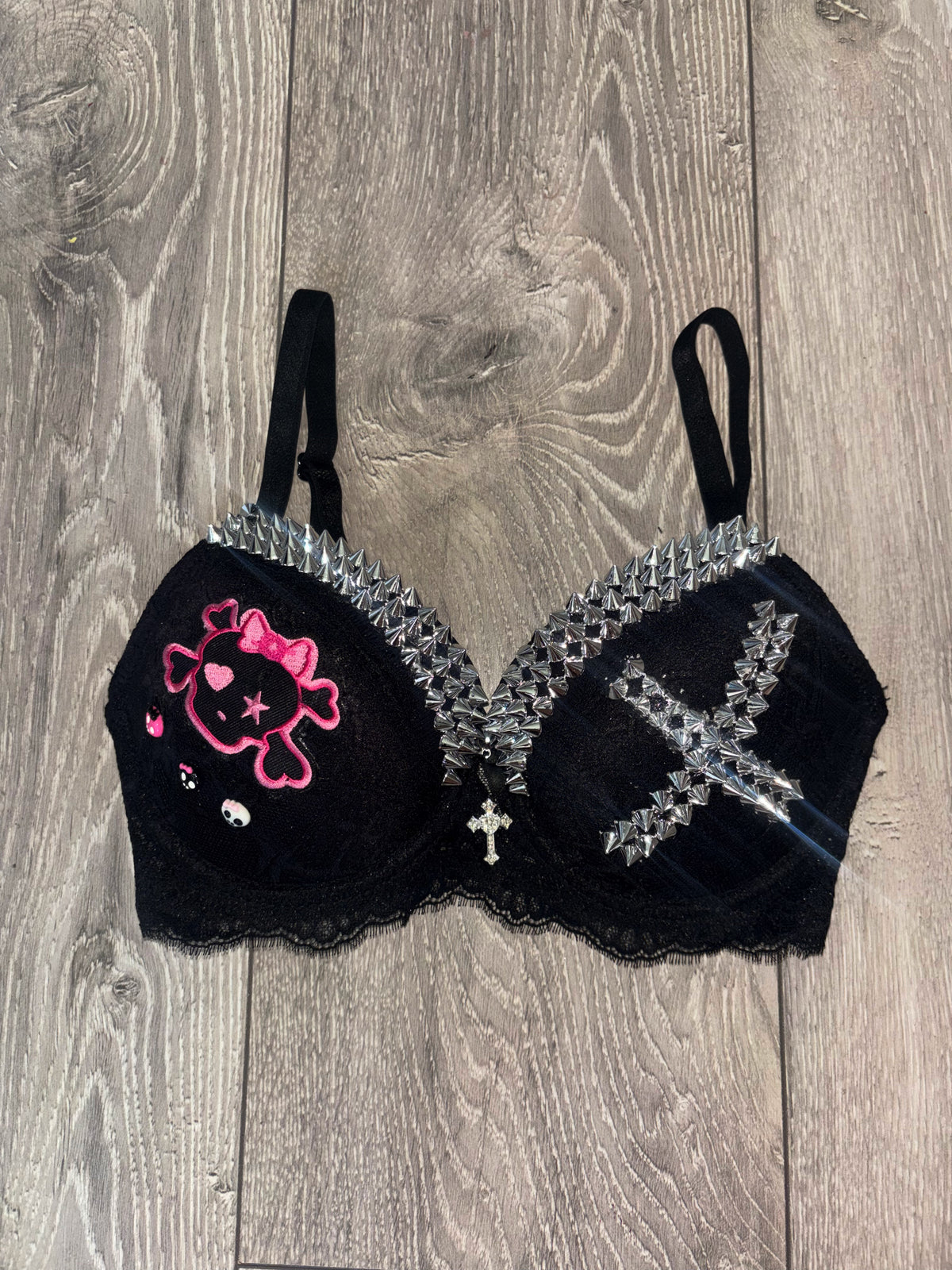Black Skull Crush Spiked (with cross) push up bra