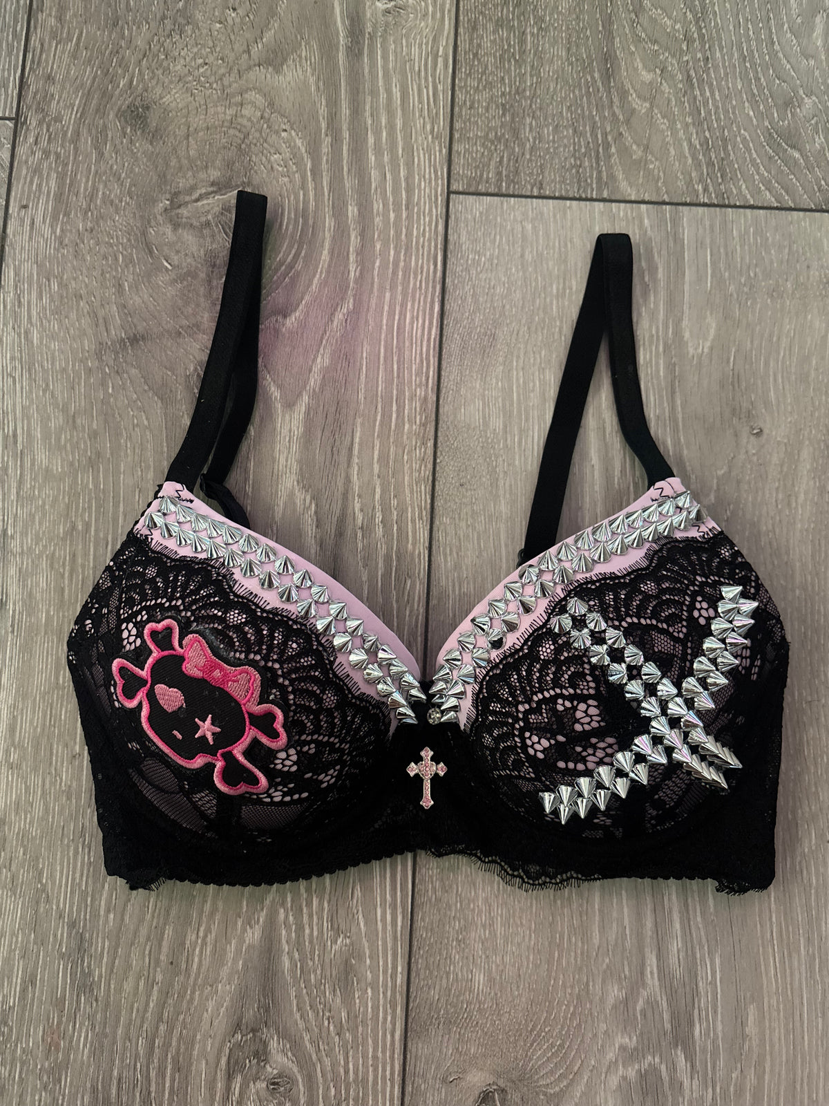 Pink Skull Crush Spiked (no mini skulls) (with cross) push up bra