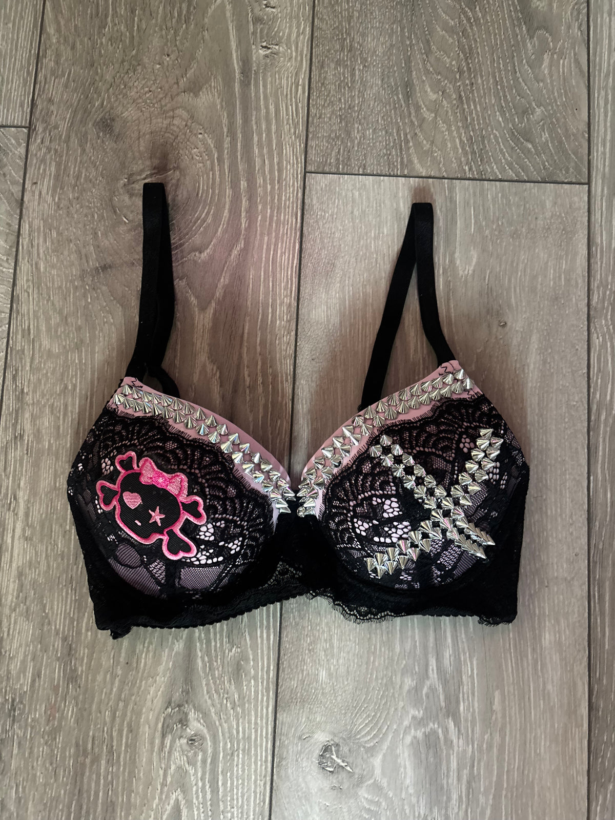 Pink Skull Crush Spiked (no mini skulls) (no cross) push up bra