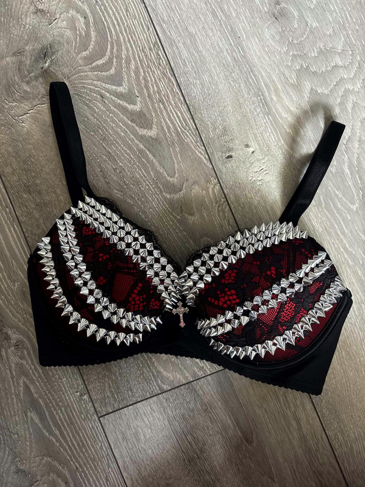 The Red Triple Spiked (with cross) push up bra