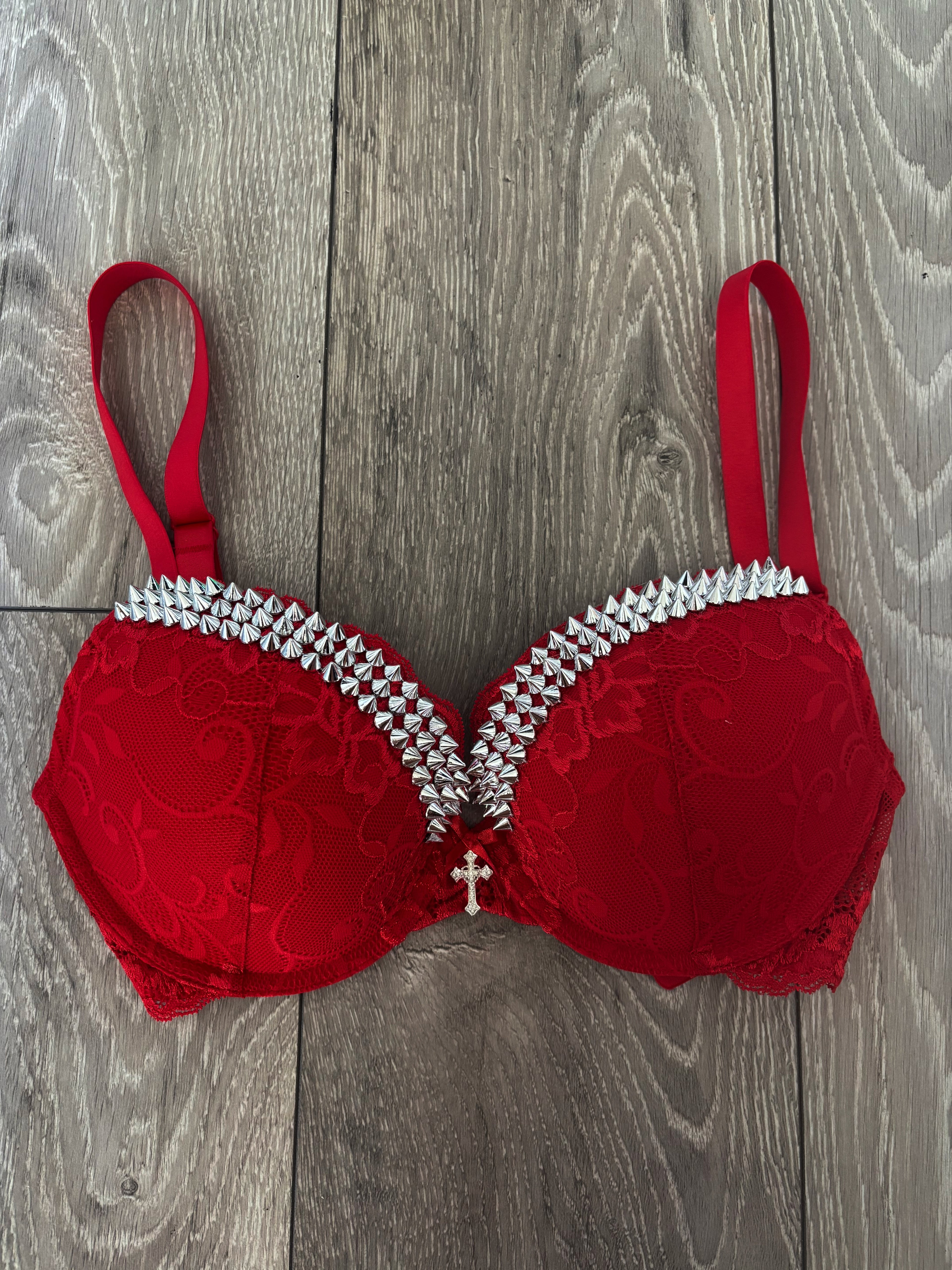 (More Sizes) Red Y2K single strip (with cross) spiked push up bra