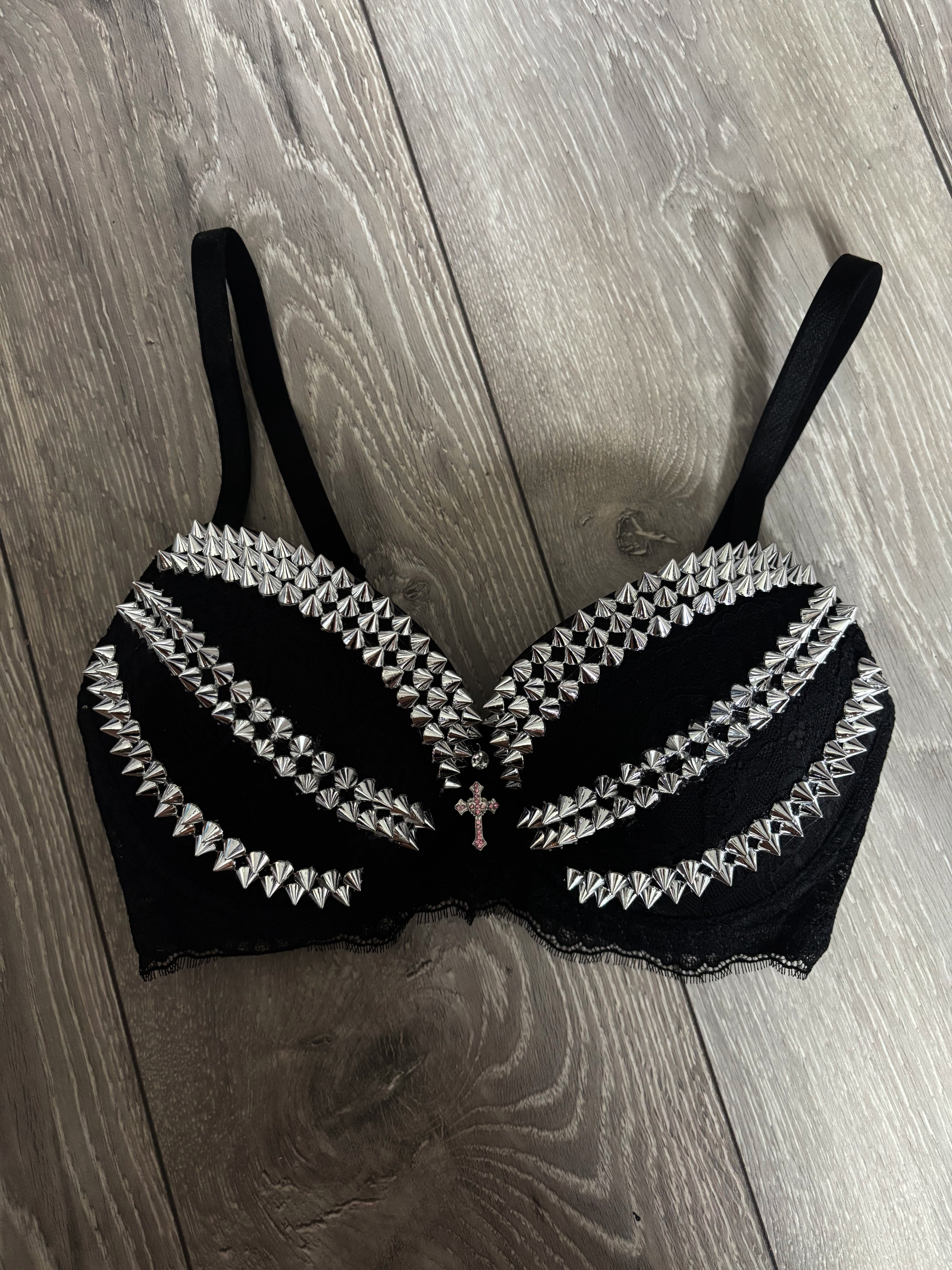 Triple Spiked black Y2K (with cross) push up bra