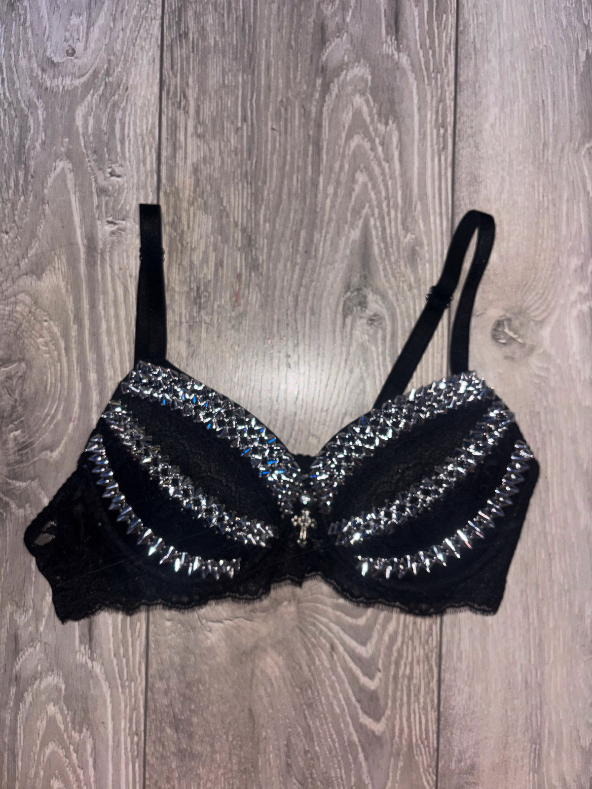 Triple Spiked black Y2K (with cross) push up bra