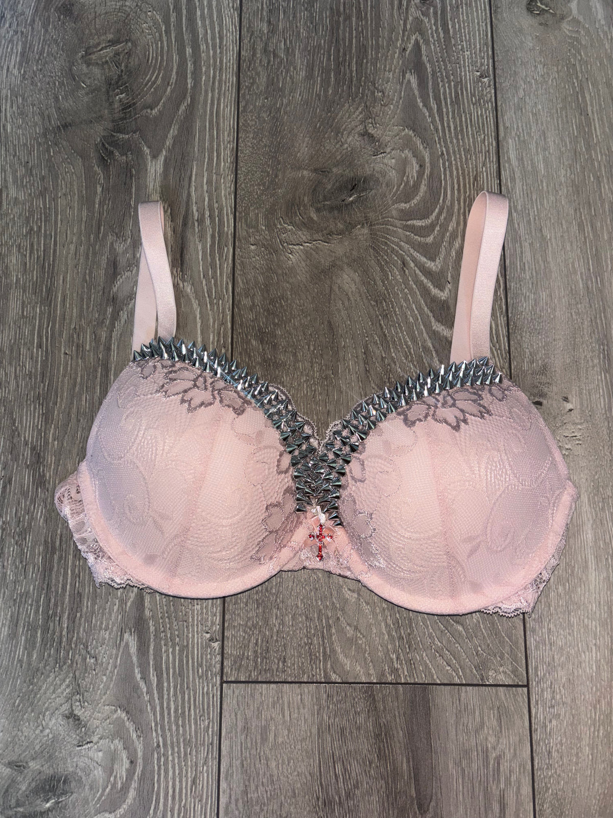 (More sizes) Light Pink Y2K Single Strip Spiked push up bra (with cross)