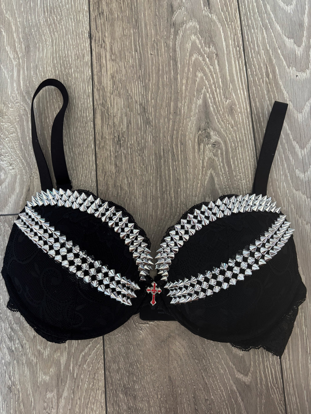 (More sizes) black Y2K (with cross) spiked push up bra