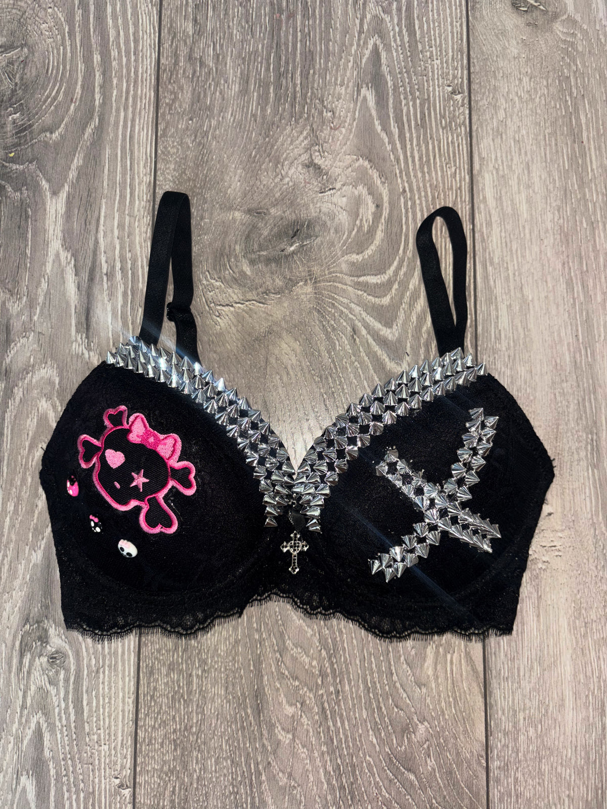 Black Skull Crush Spiked (with cross) push up bra