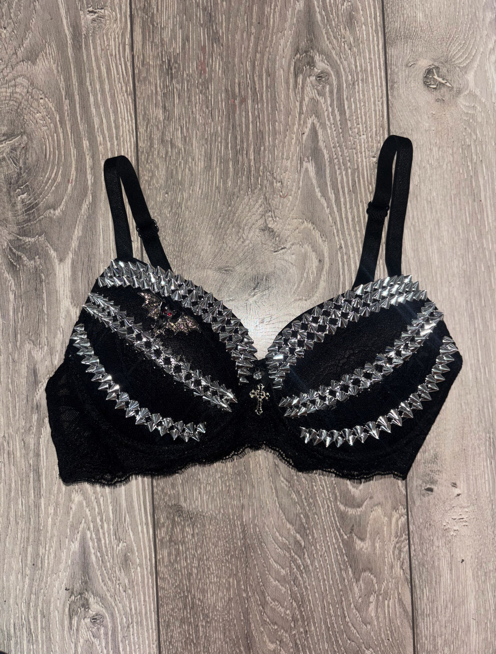 Black Bat Adjustable Pin Spiked (with cross) Push up Bra