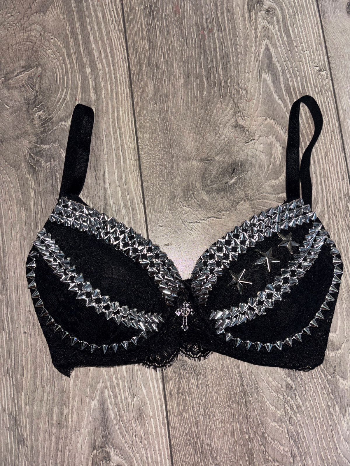 The Black Crossover Spiked (with cross) Push Up Bra