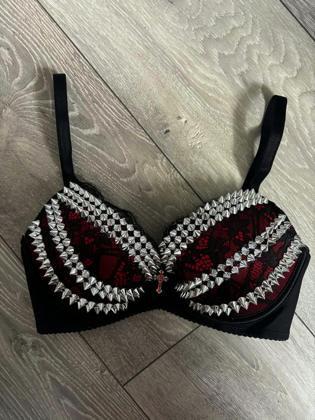 The Red Triple Spiked (with cross) push up bra