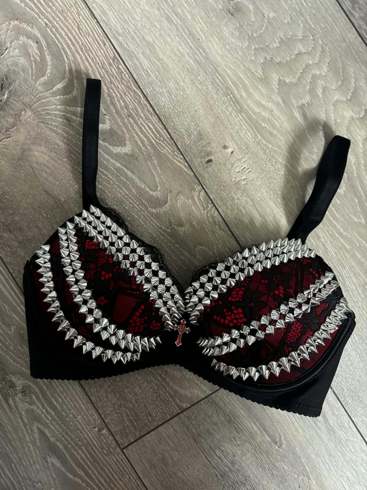 The Red Triple Spiked (with cross) push up bra
