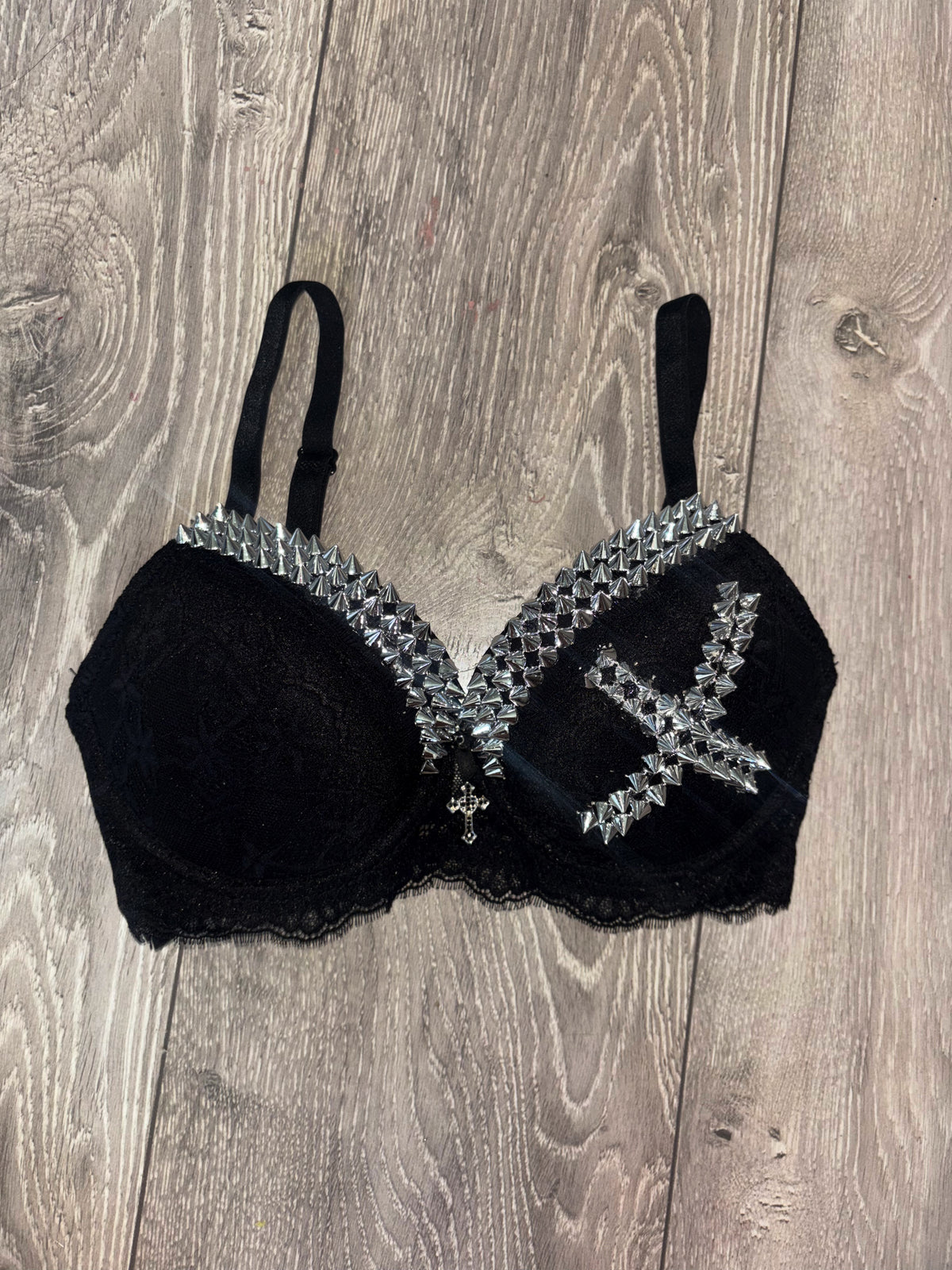 Black Single X Spiked (with cross) push up bra