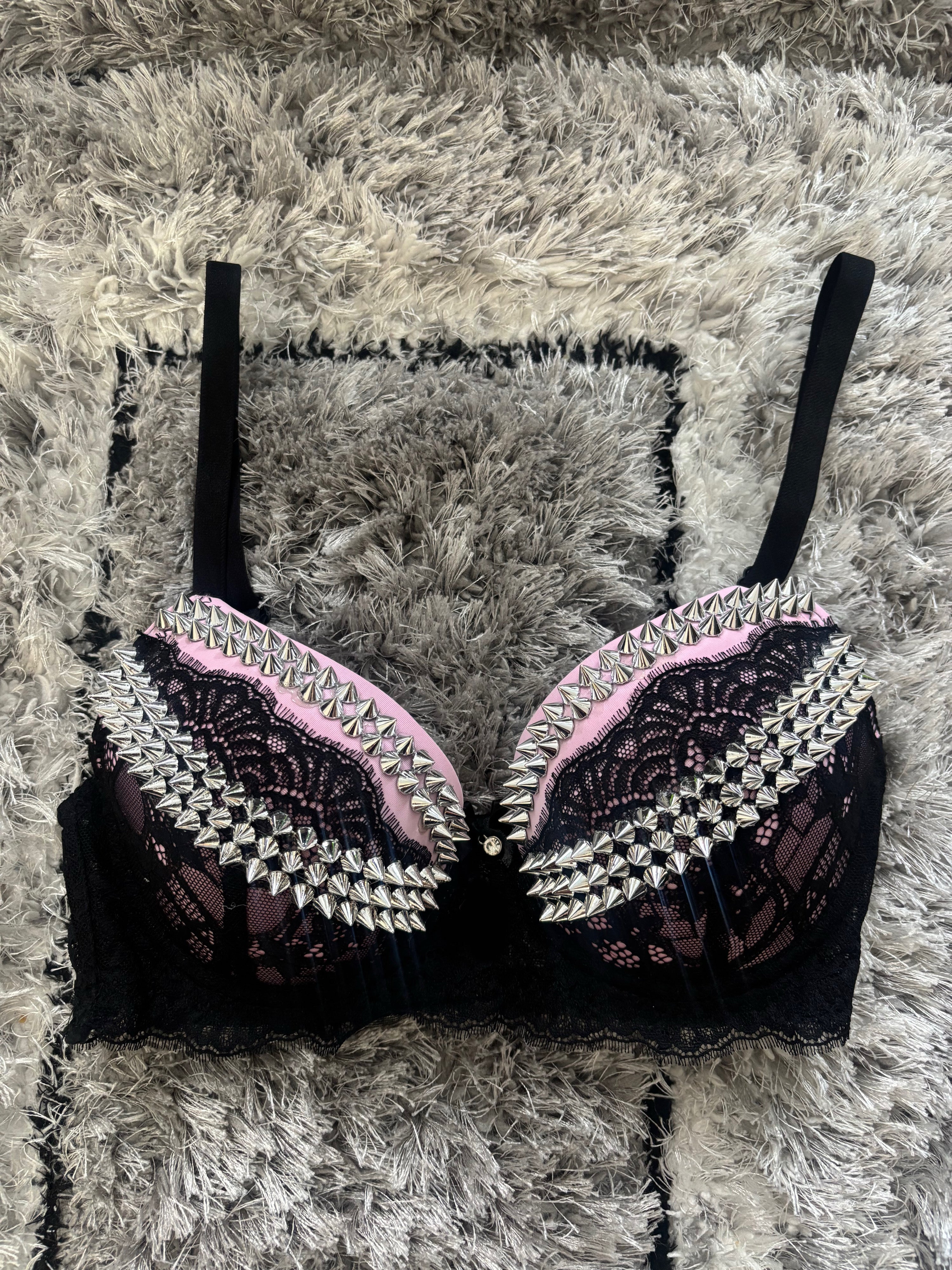 Pink and Black Y2K (no cross) Spiked push up bra