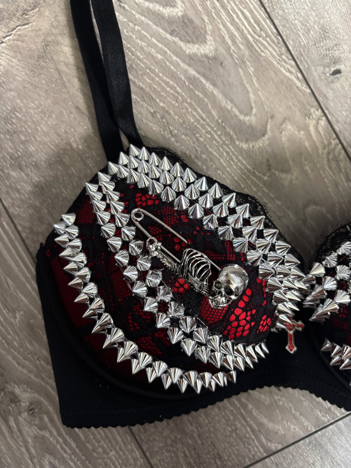 Red Skull Adjustable Pin Spiked push up bra (with cross)