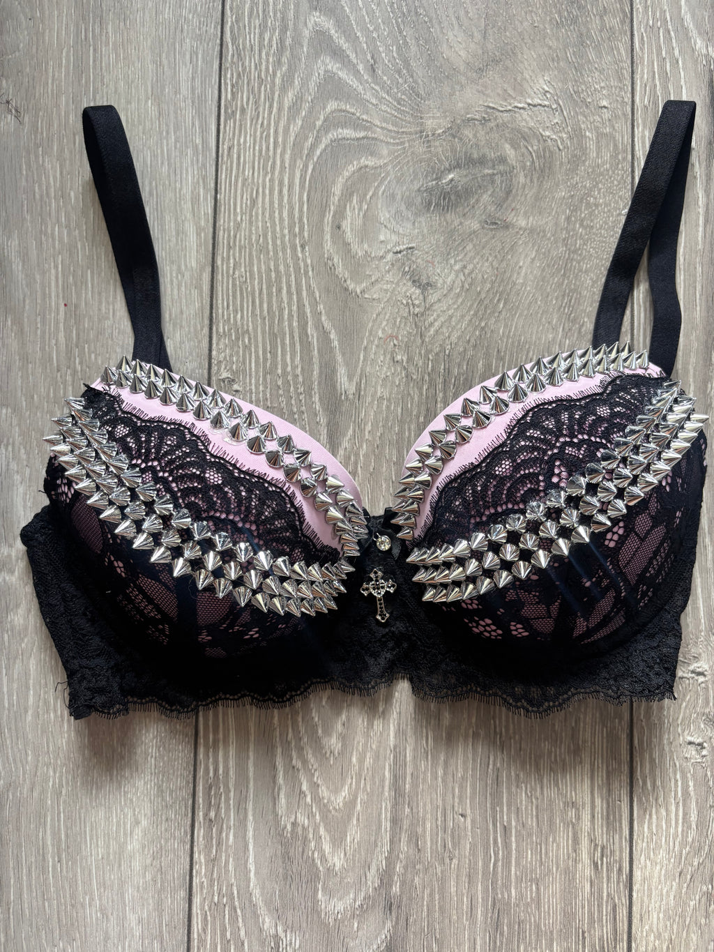 Pink and black Y2K (with cross) Spiked push up bra