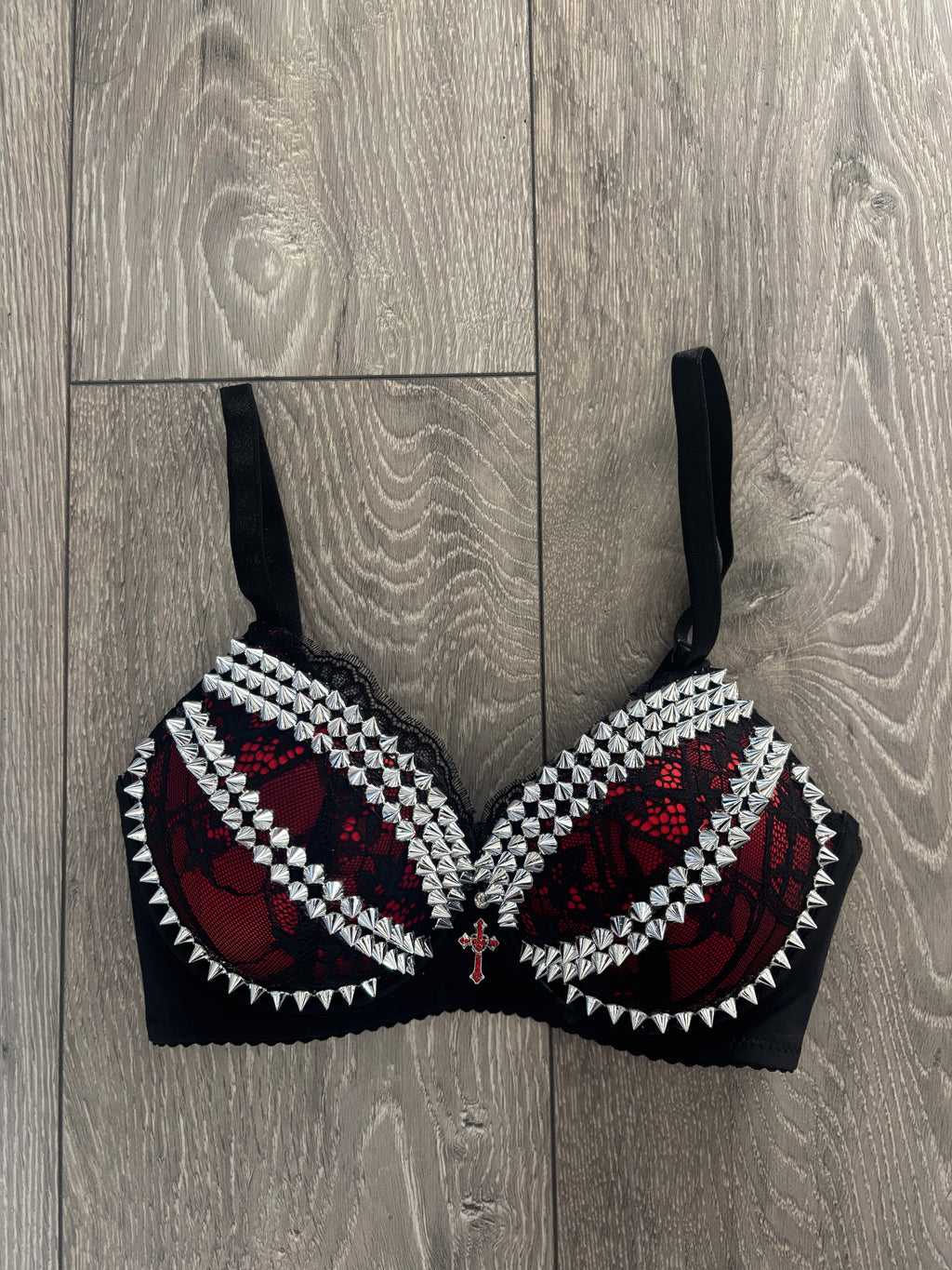 The Red Crossover (with cross) (no stars) Spiked Push Up Bra