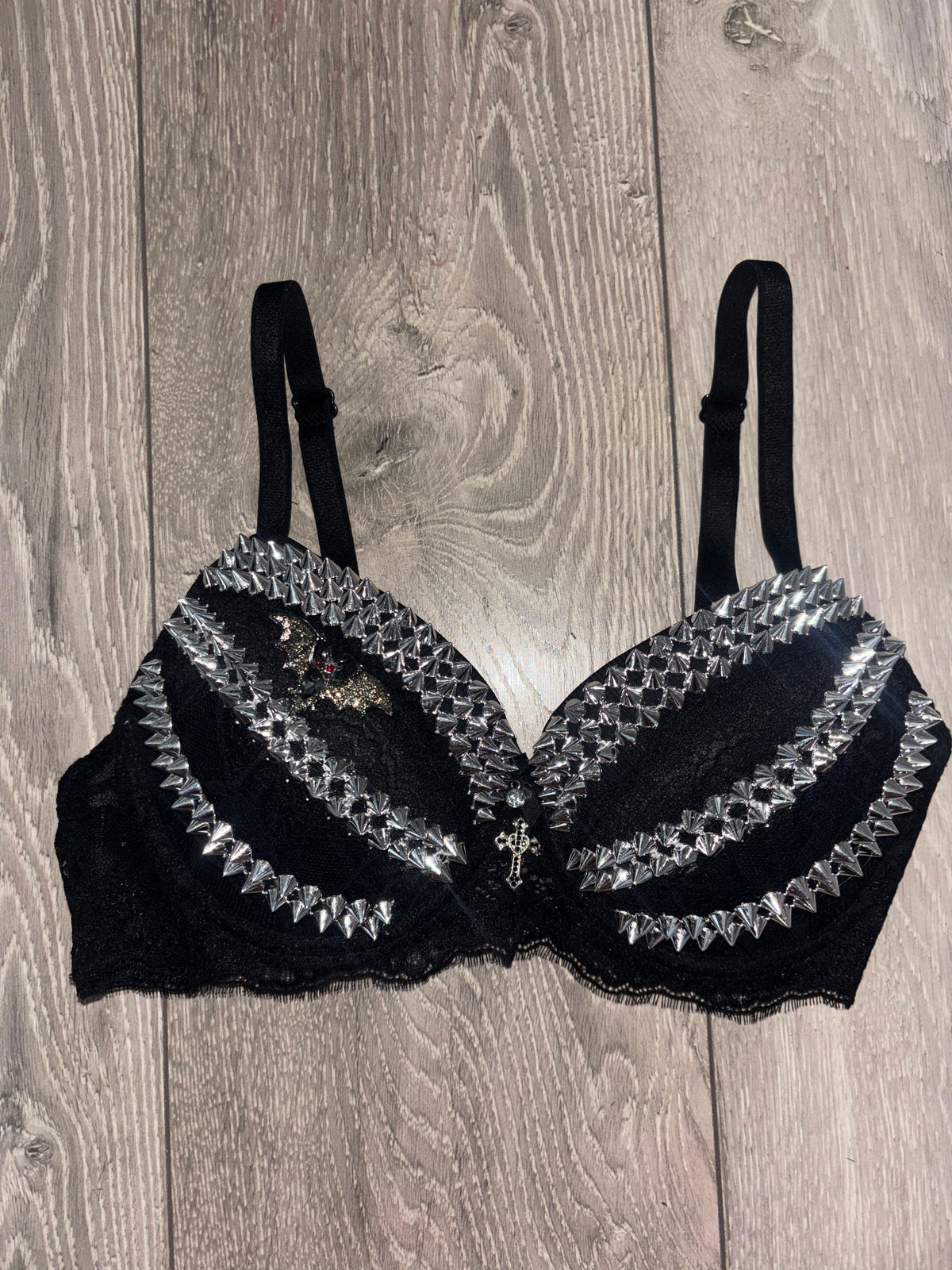 Black Bat Adjustable Pin Spiked (with cross) Push up Bra