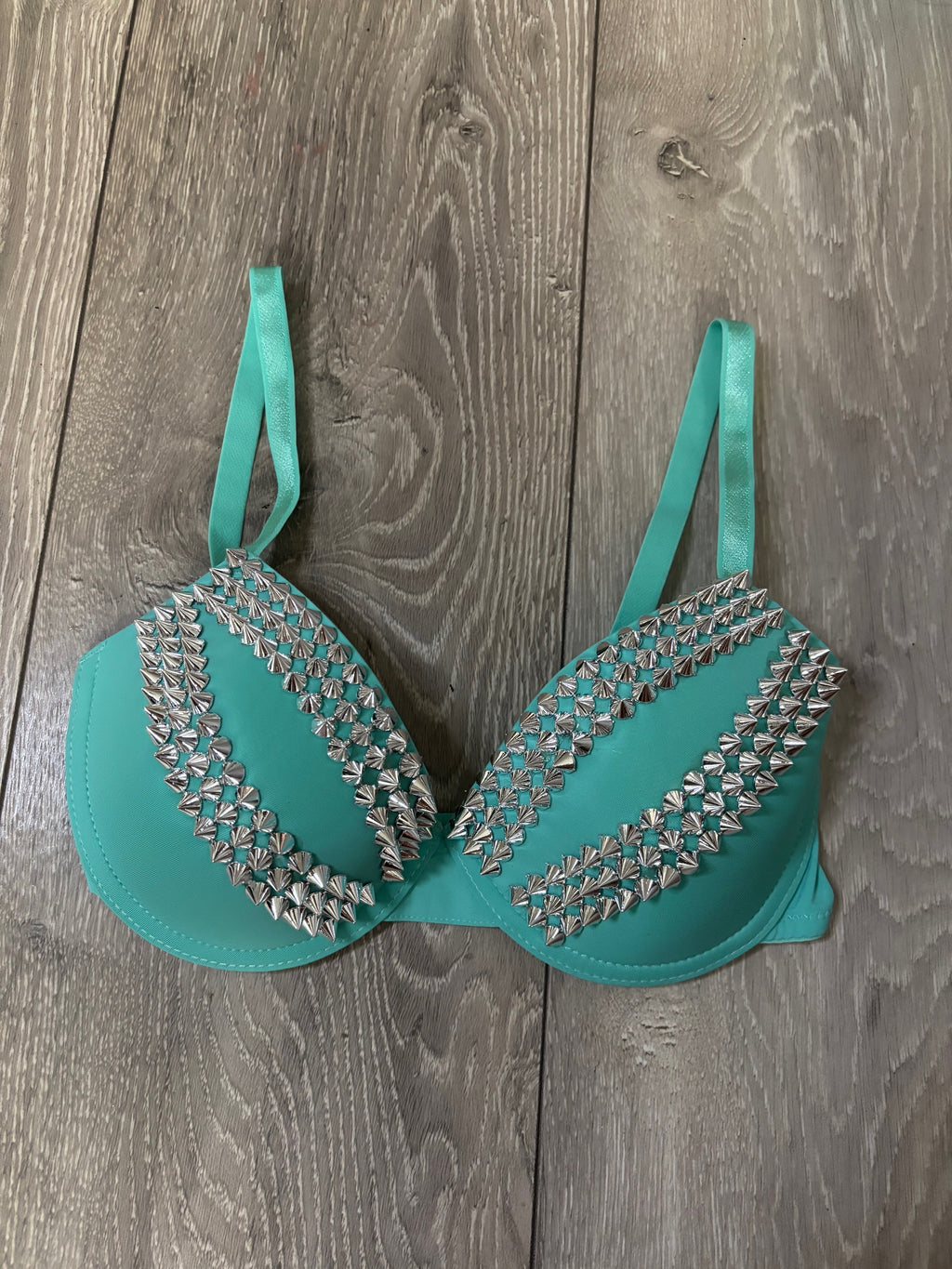 Turquoise spiked (no cross) push up bra