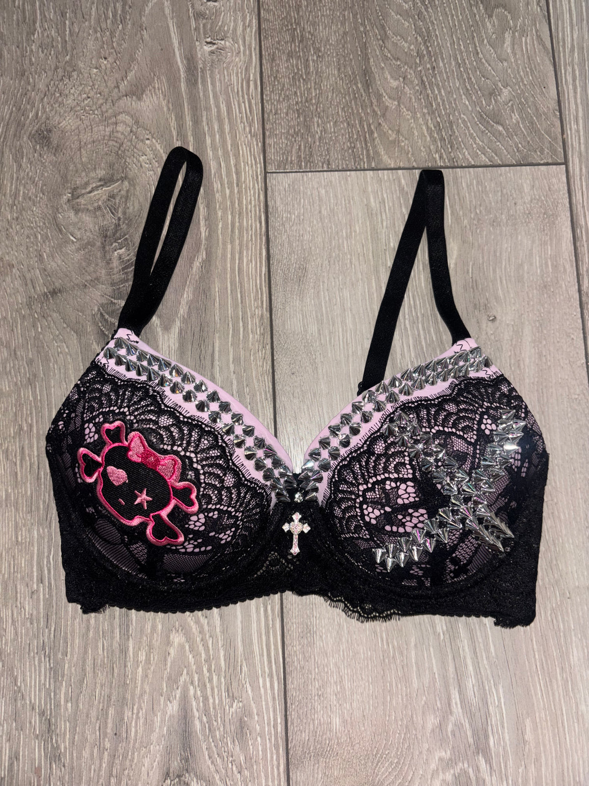 Pink Skull Crush Spiked (no mini skulls) (with cross) push up bra