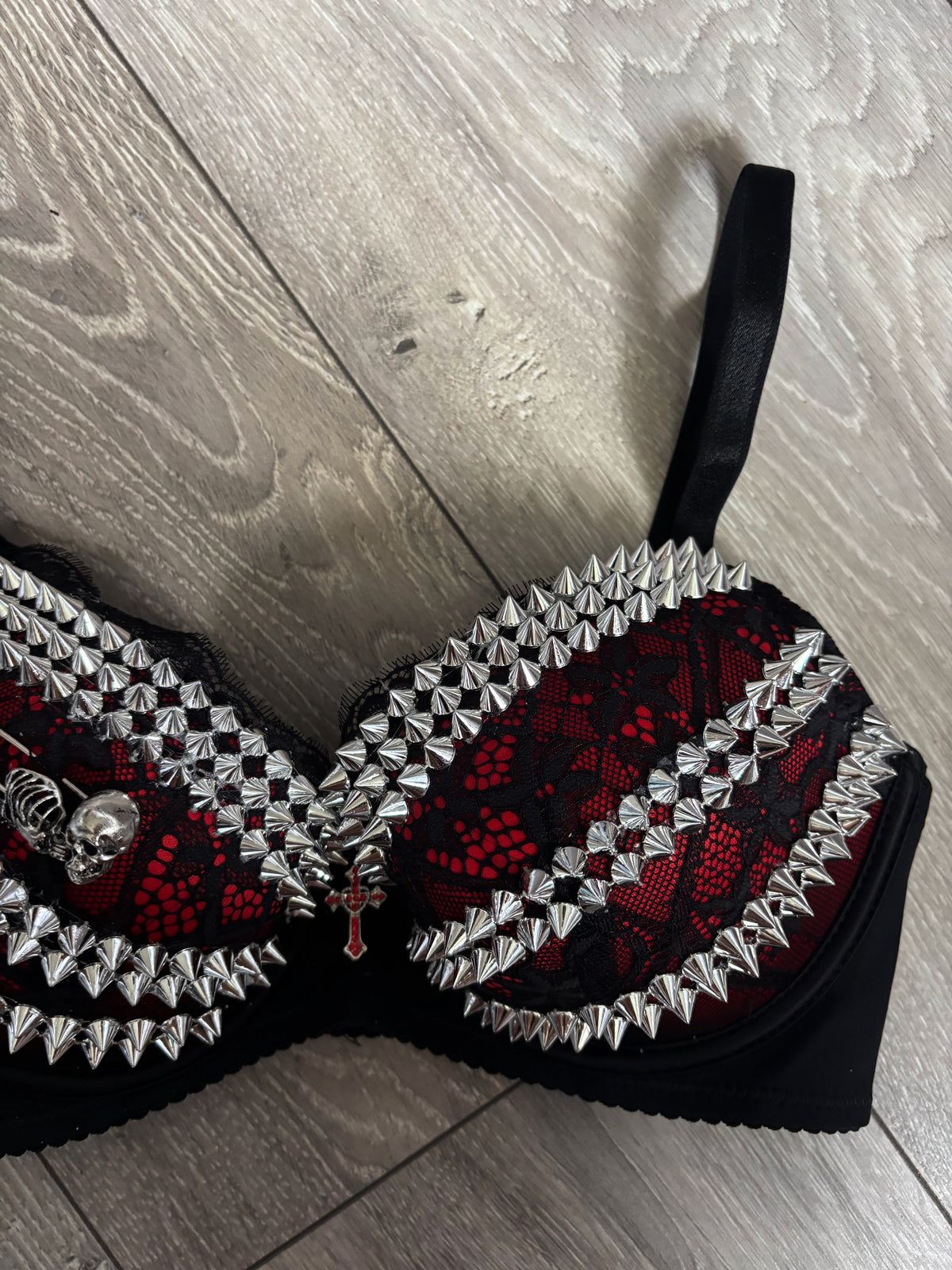 Red Skull Adjustable Pin Spiked push up bra (with cross)