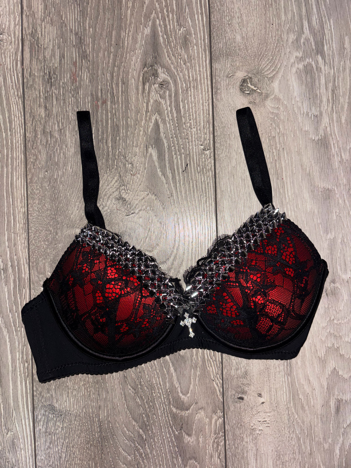 Red Single Strip Spiked (with cross) push up bra