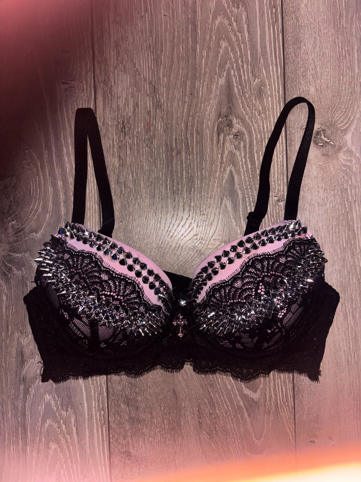 Pink and black Y2K (with cross) Spiked push up bra