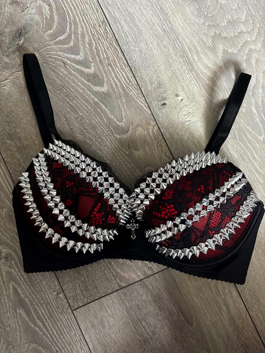 The Red Triple Spiked (with cross) push up bra