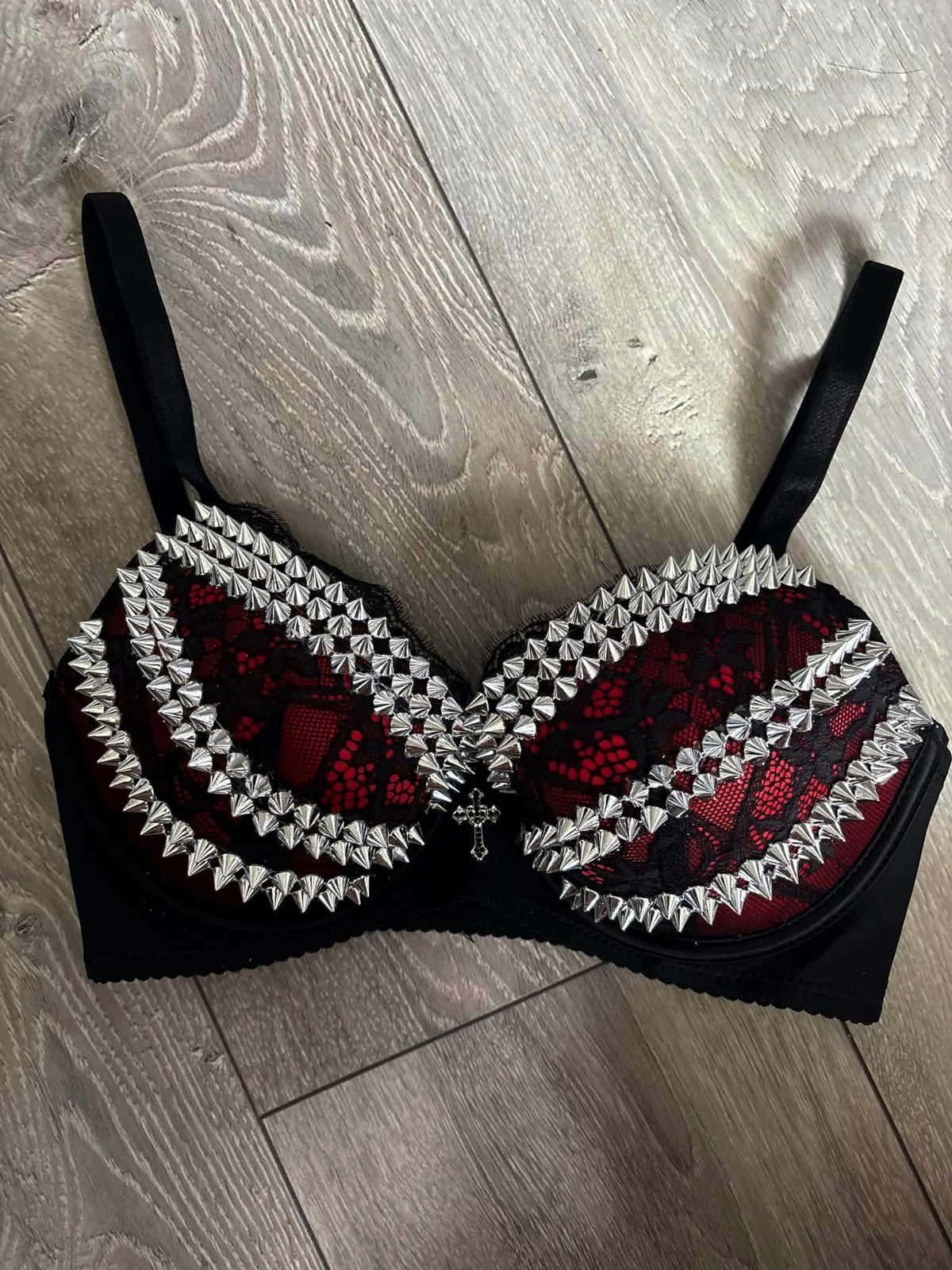 The Red Triple Spiked (with cross) push up bra
