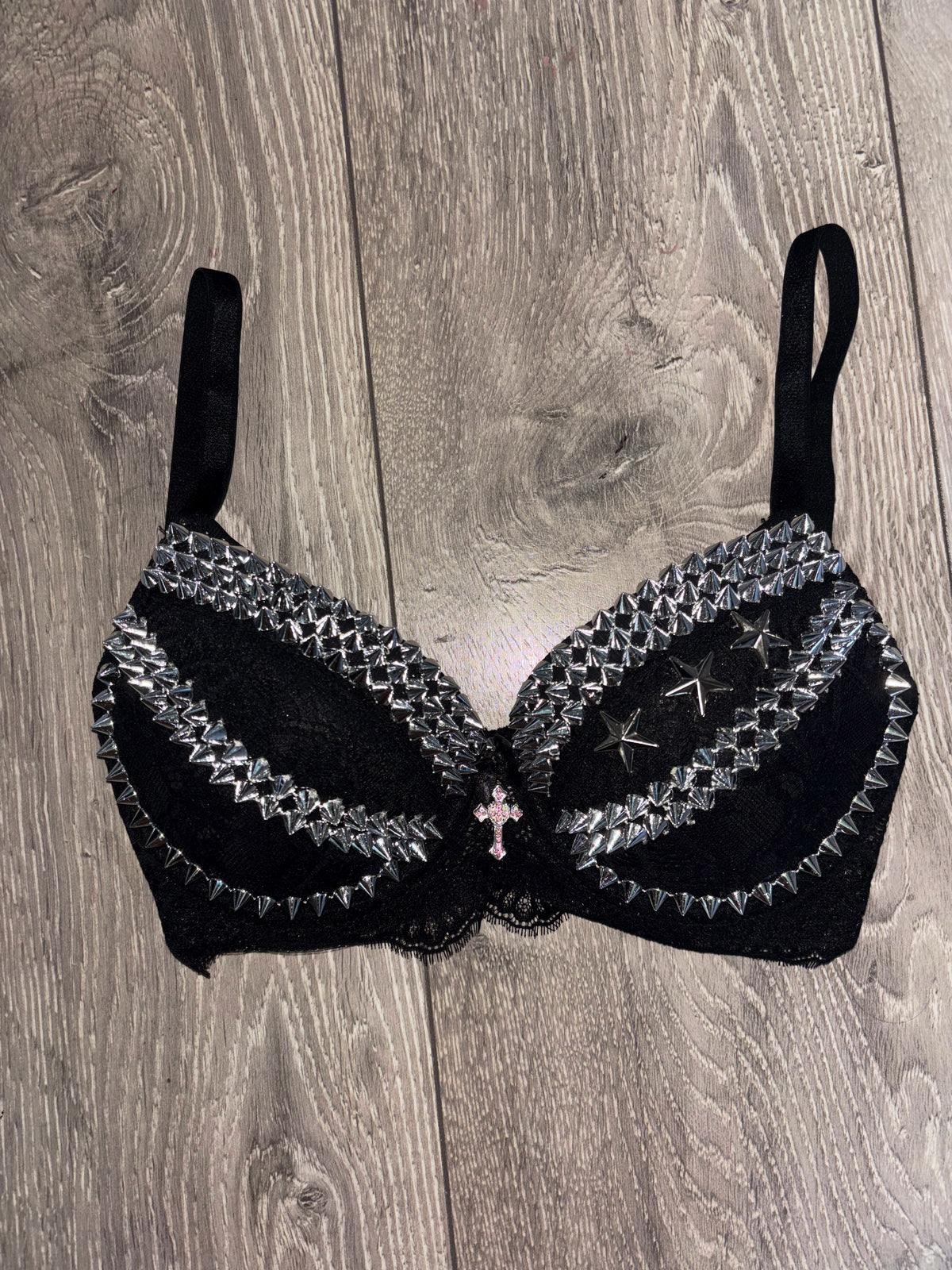 The Black Crossover Spiked (with cross) Push Up Bra